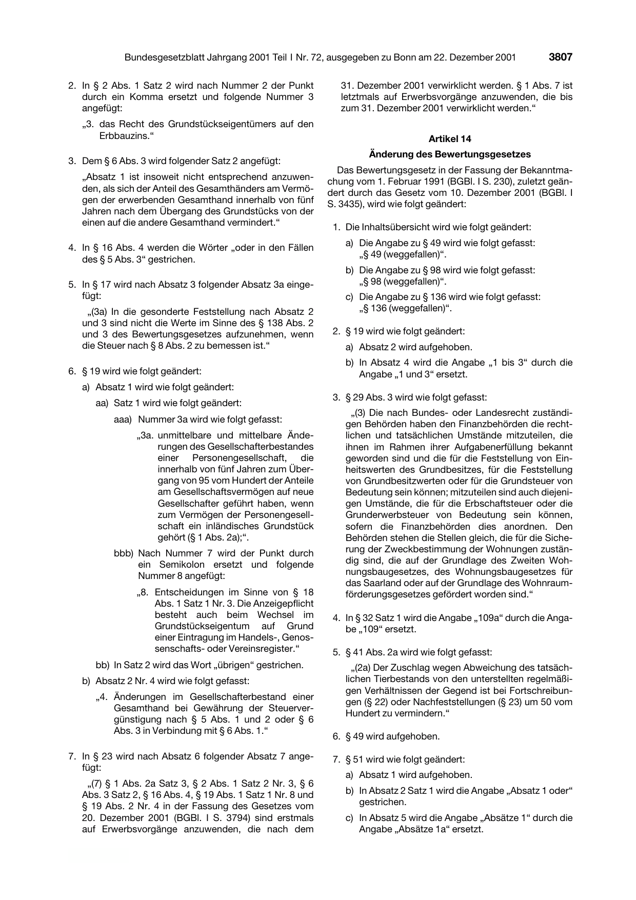 BGBl. 2001, Seite 3807 — Originalseite als Abbildung