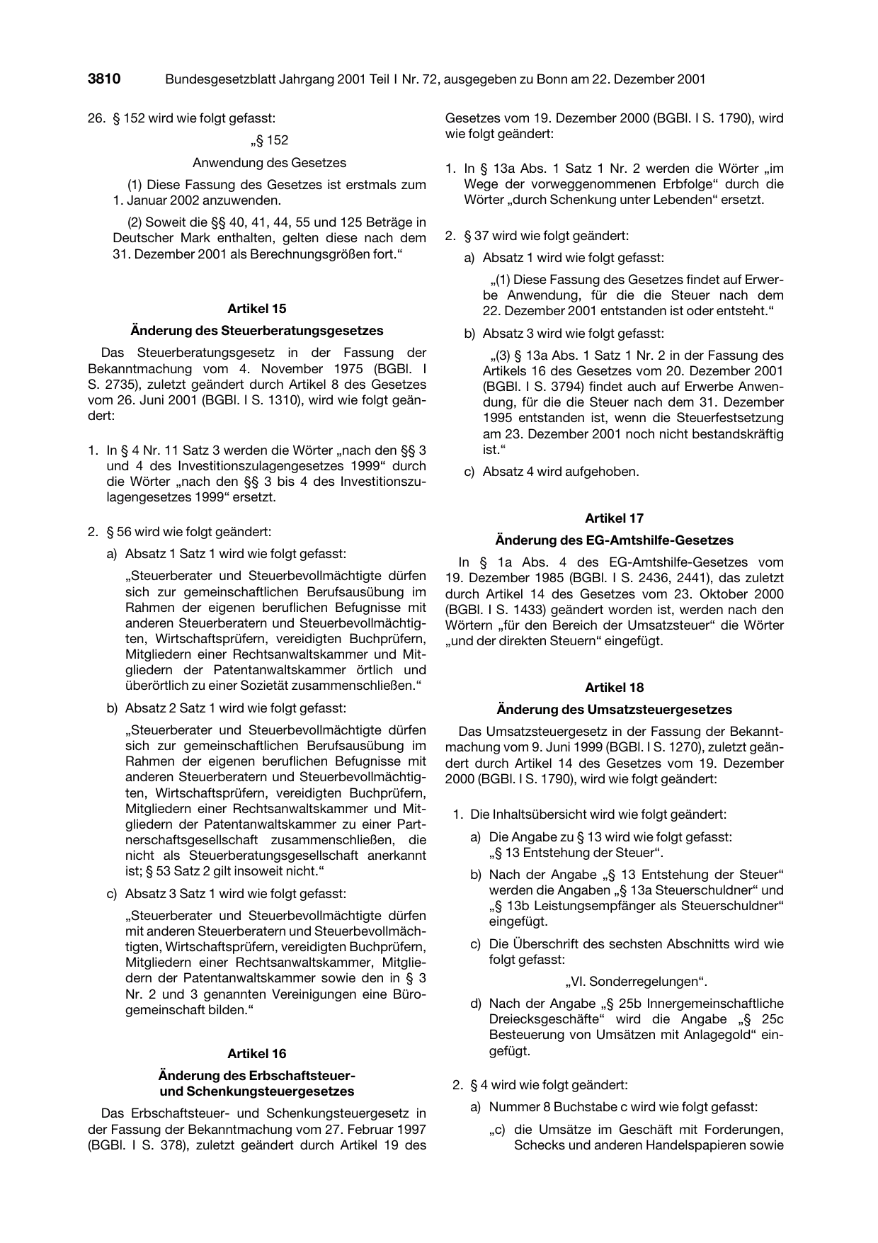 BGBl. 2001, Seite 3810 — Originalseite als Abbildung