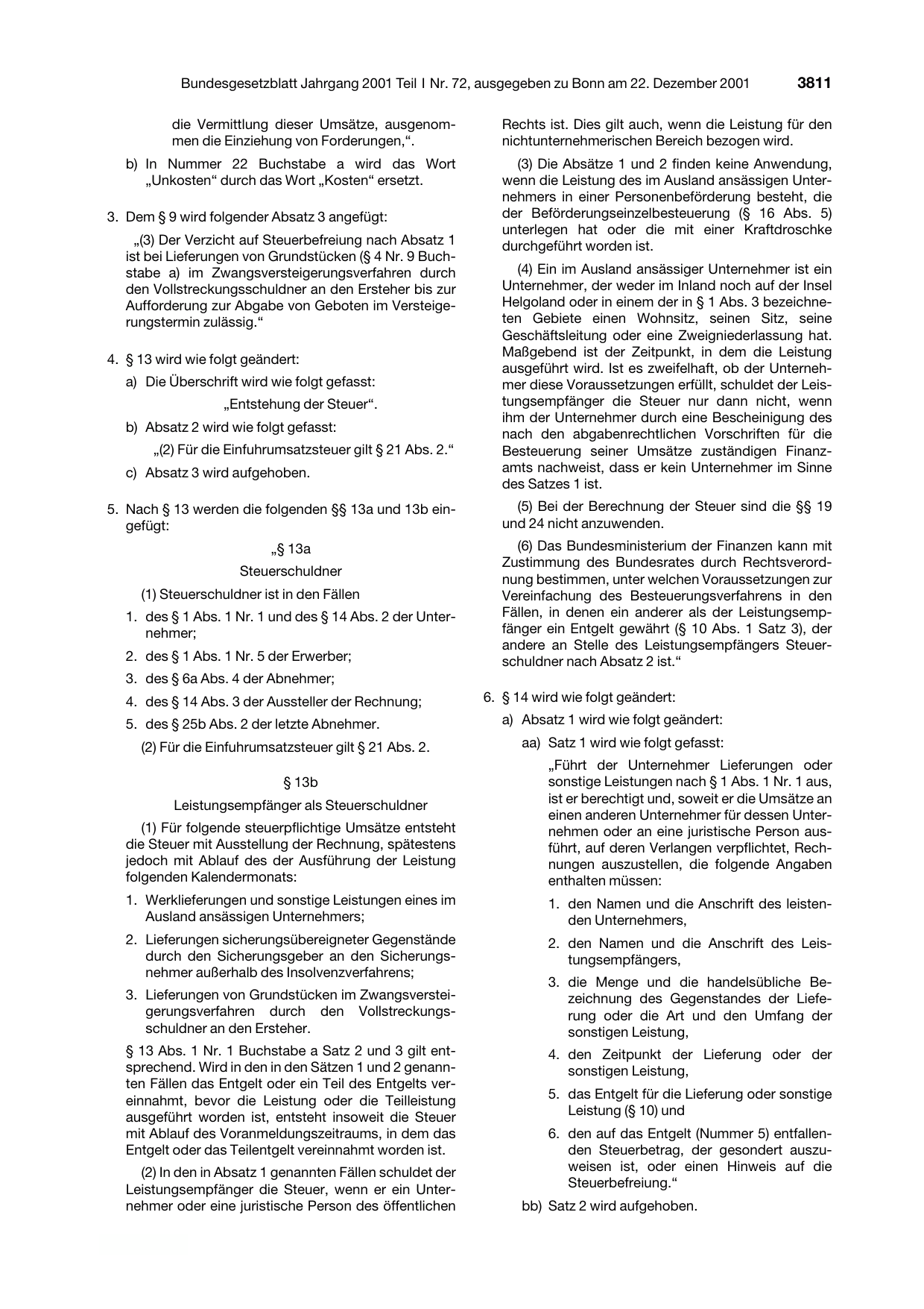 BGBl. 2001, Seite 3811 — Originalseite als Abbildung