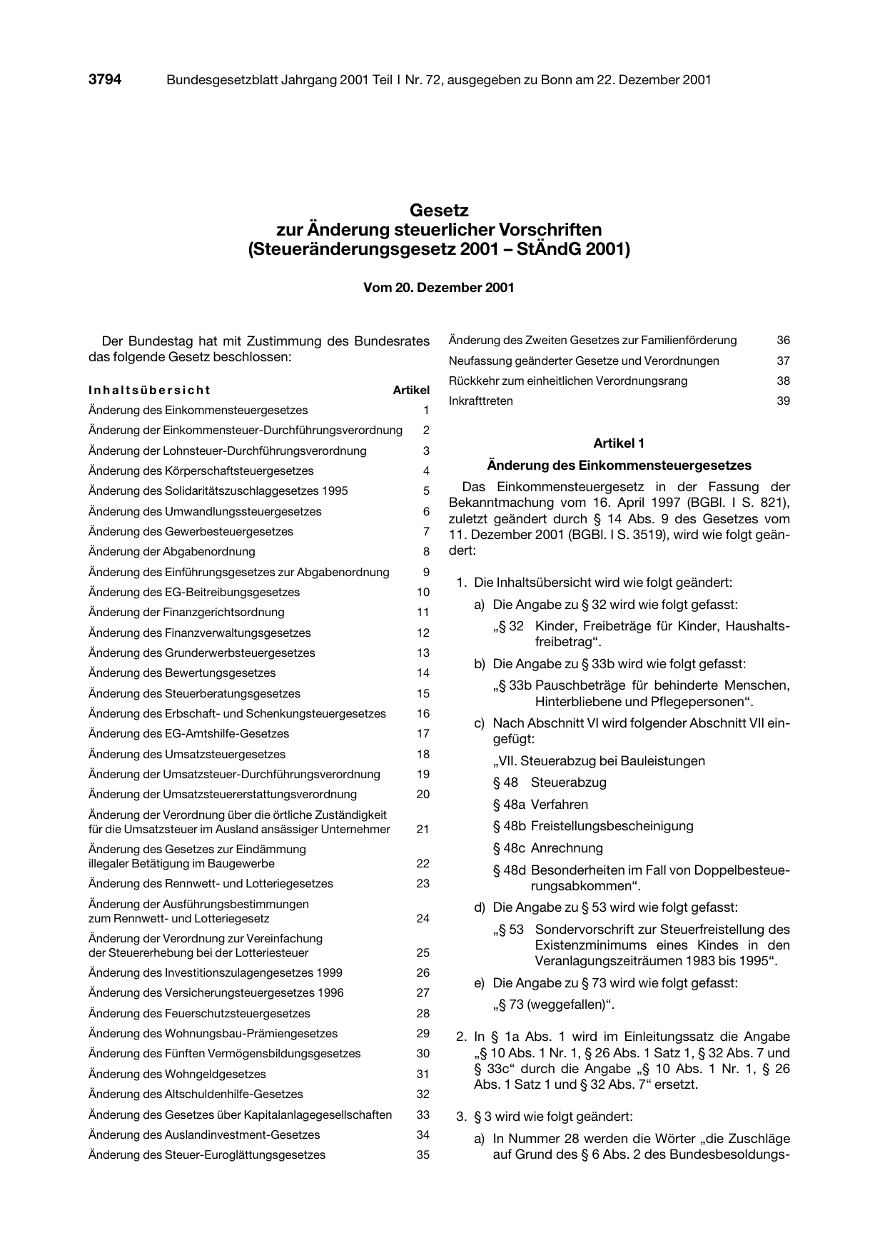 BGBl. 2001, Seite 3794 — Originalseite als Abbildung