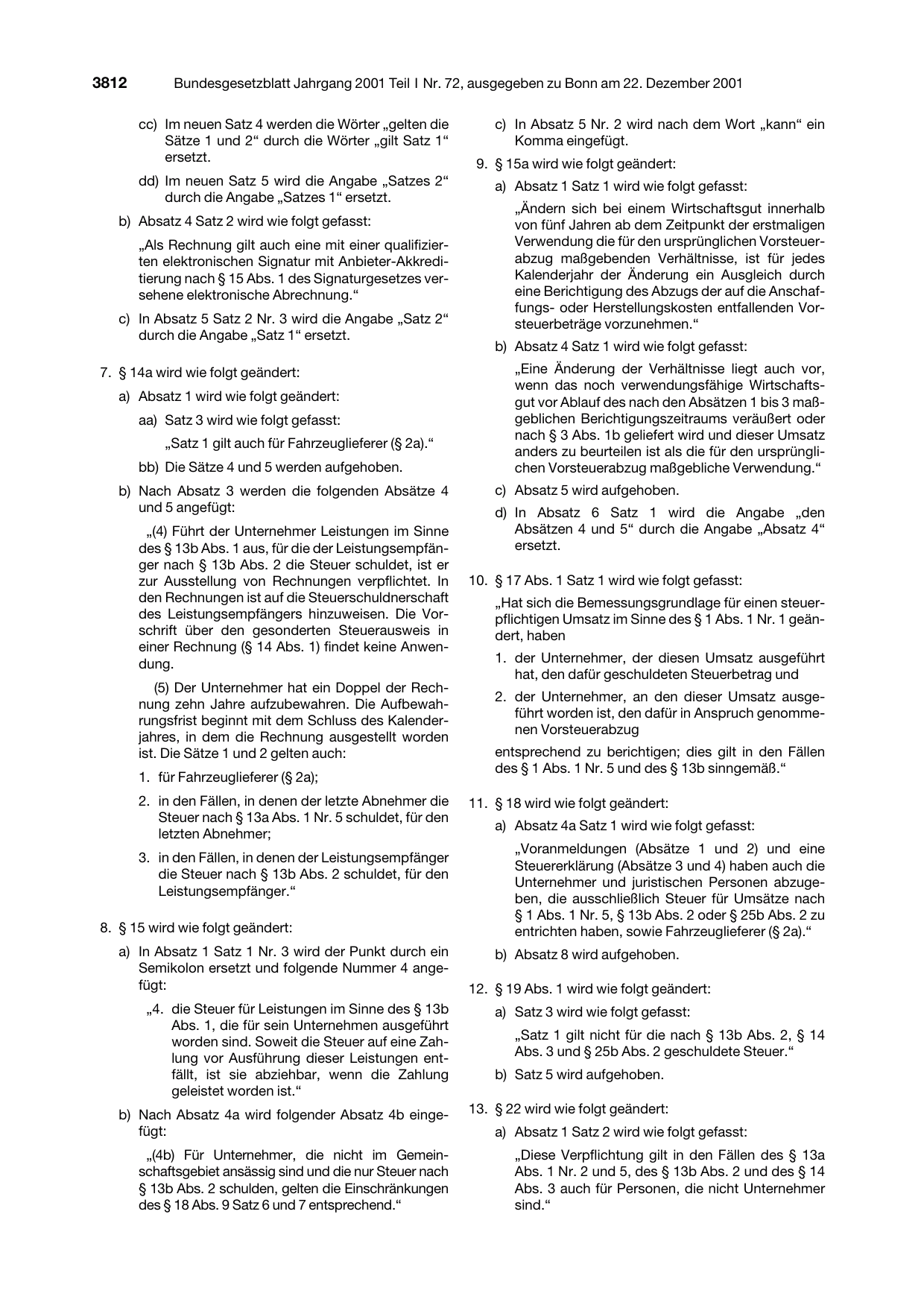 BGBl. 2001, Seite 3812 — Originalseite als Abbildung