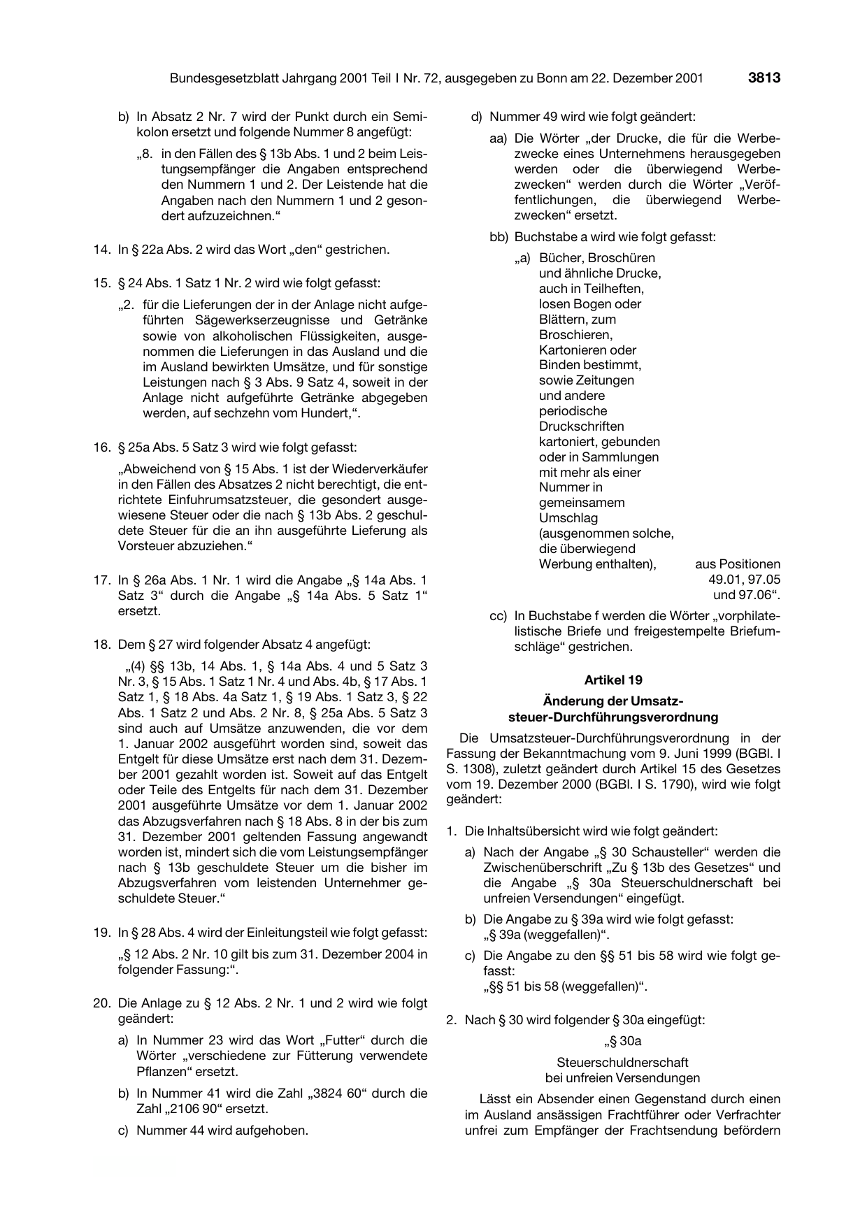 BGBl. 2001, Seite 3813 — Originalseite als Abbildung