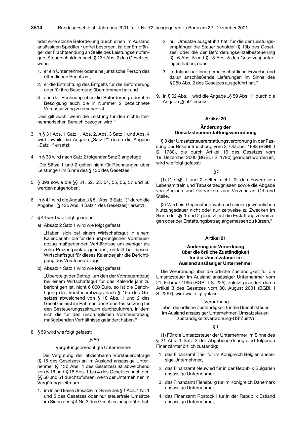 BGBl. 2001, Seite 3814 — Originalseite als Abbildung