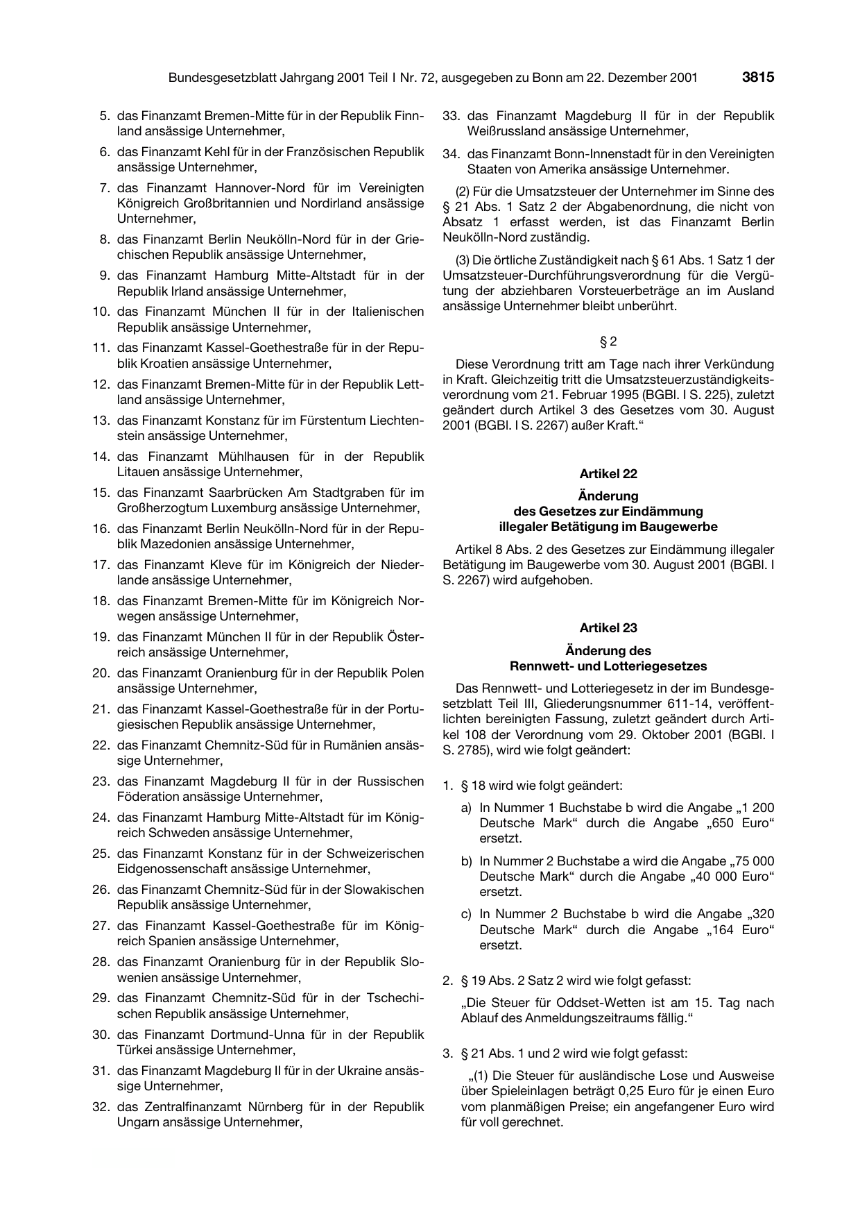 BGBl. 2001, Seite 3815 — Originalseite als Abbildung
