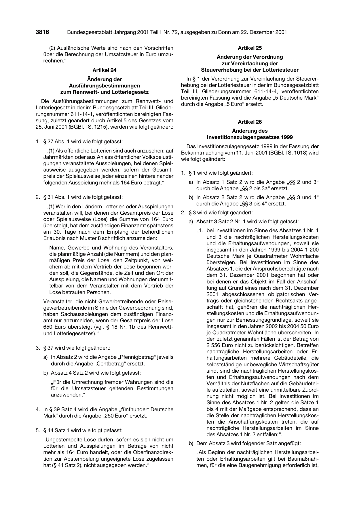 BGBl. 2001, Seite 3816 — Originalseite als Abbildung