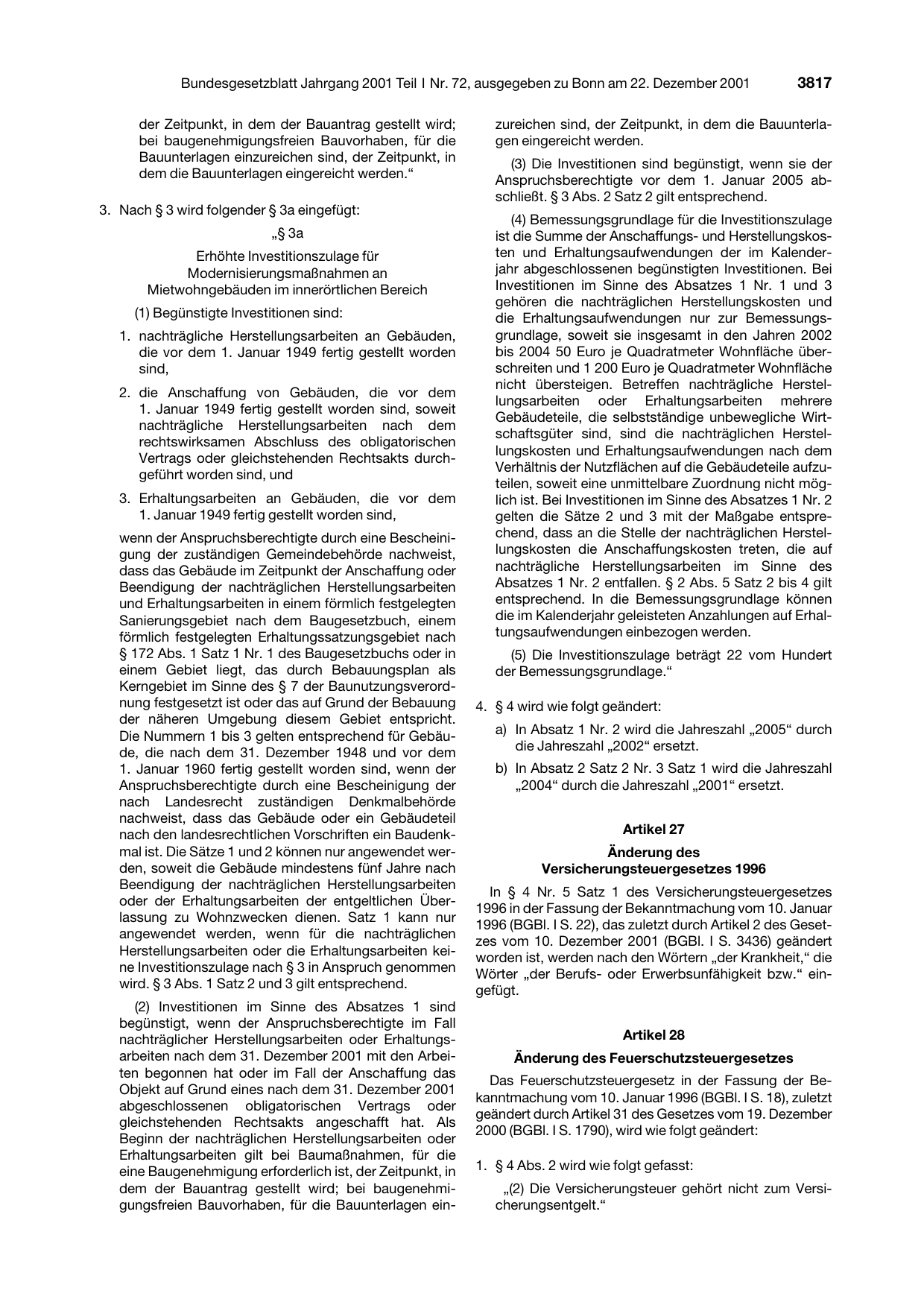 BGBl. 2001, Seite 3817 — Originalseite als Abbildung