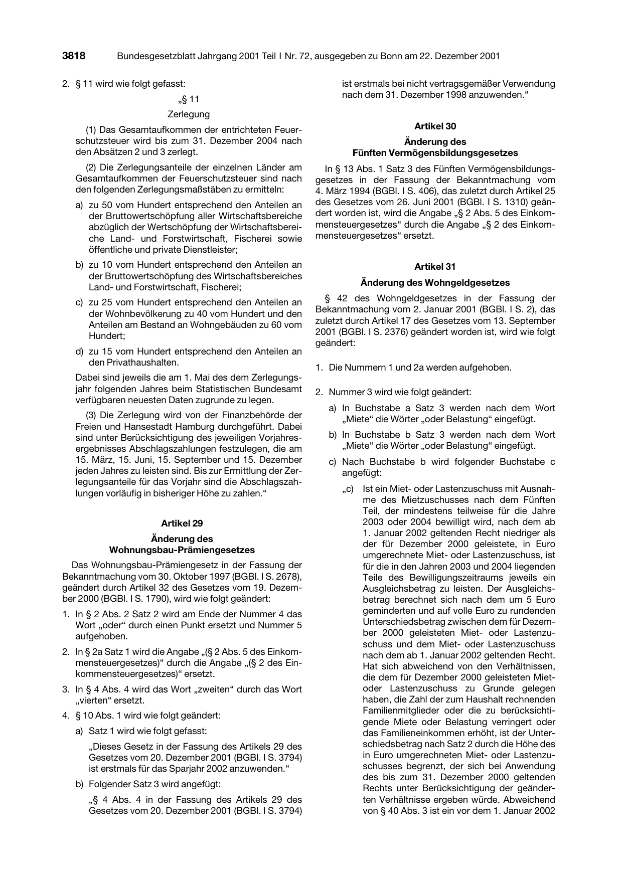 BGBl. 2001, Seite 3818 — Originalseite als Abbildung