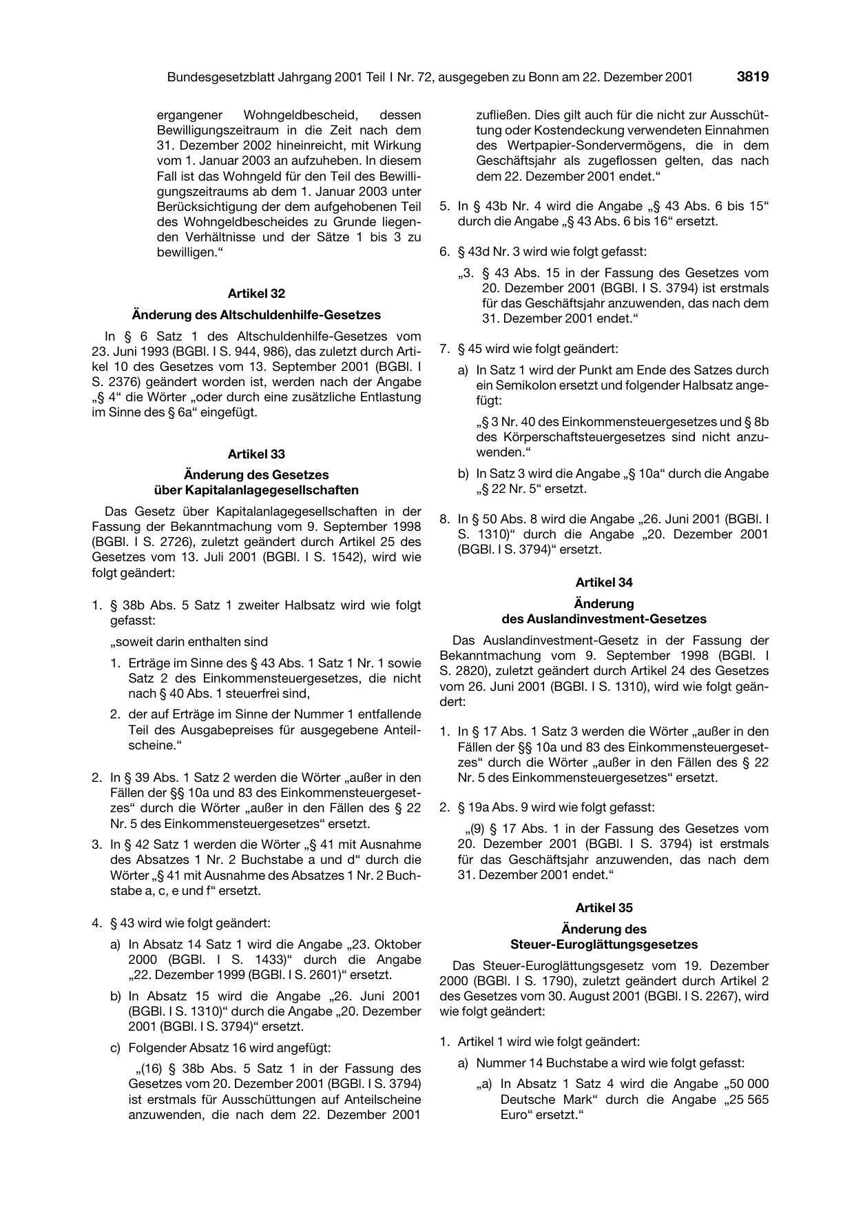 BGBl. 2001, Seite 3819 — Originalseite als Abbildung