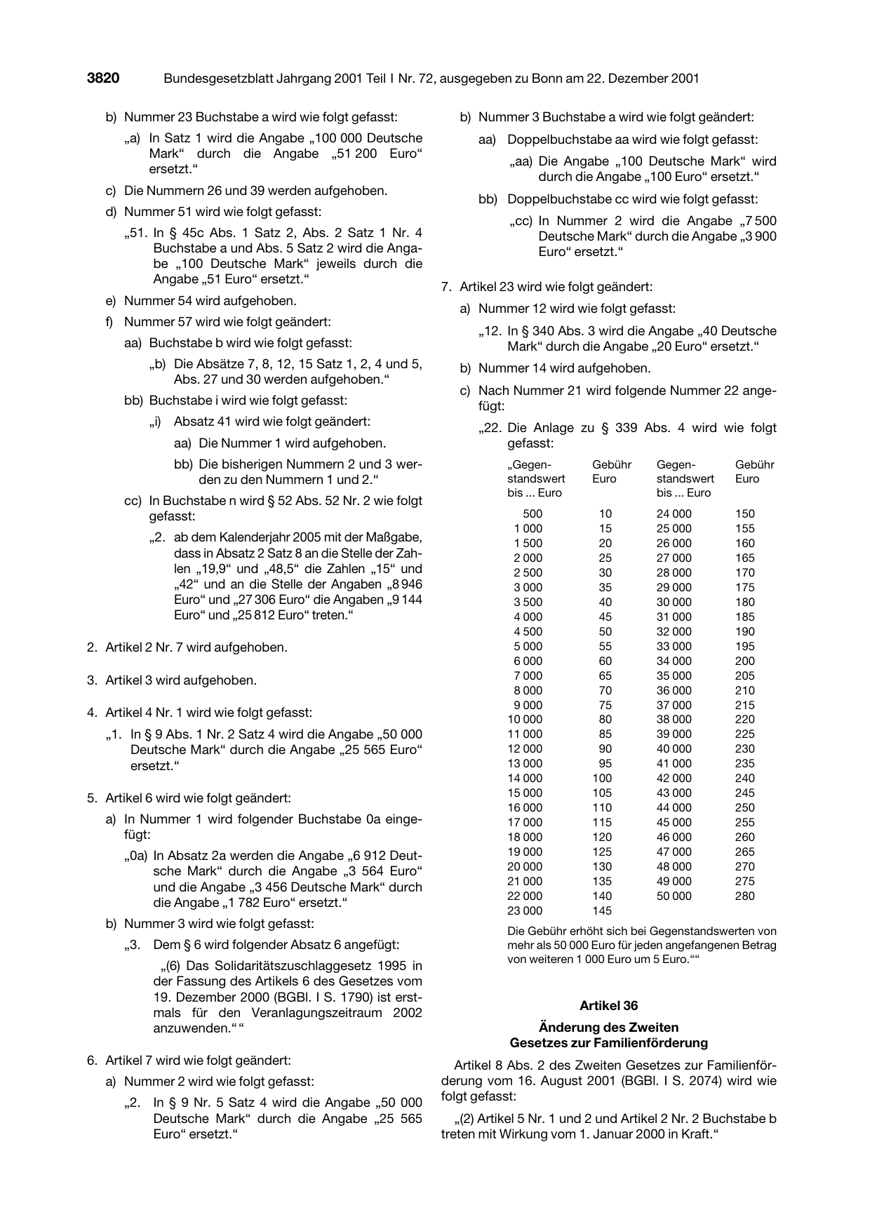 BGBl. 2001, Seite 3820 — Originalseite als Abbildung