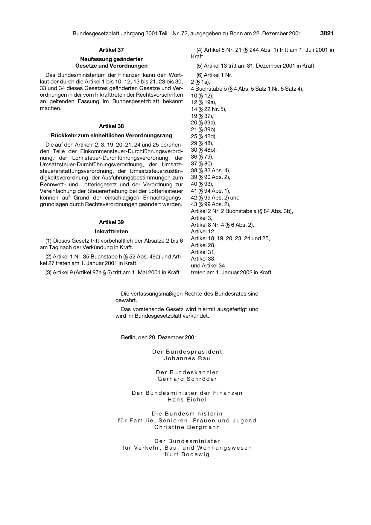 BGBl. 2001, Seite 3821 — Originalseite als Abbildung
