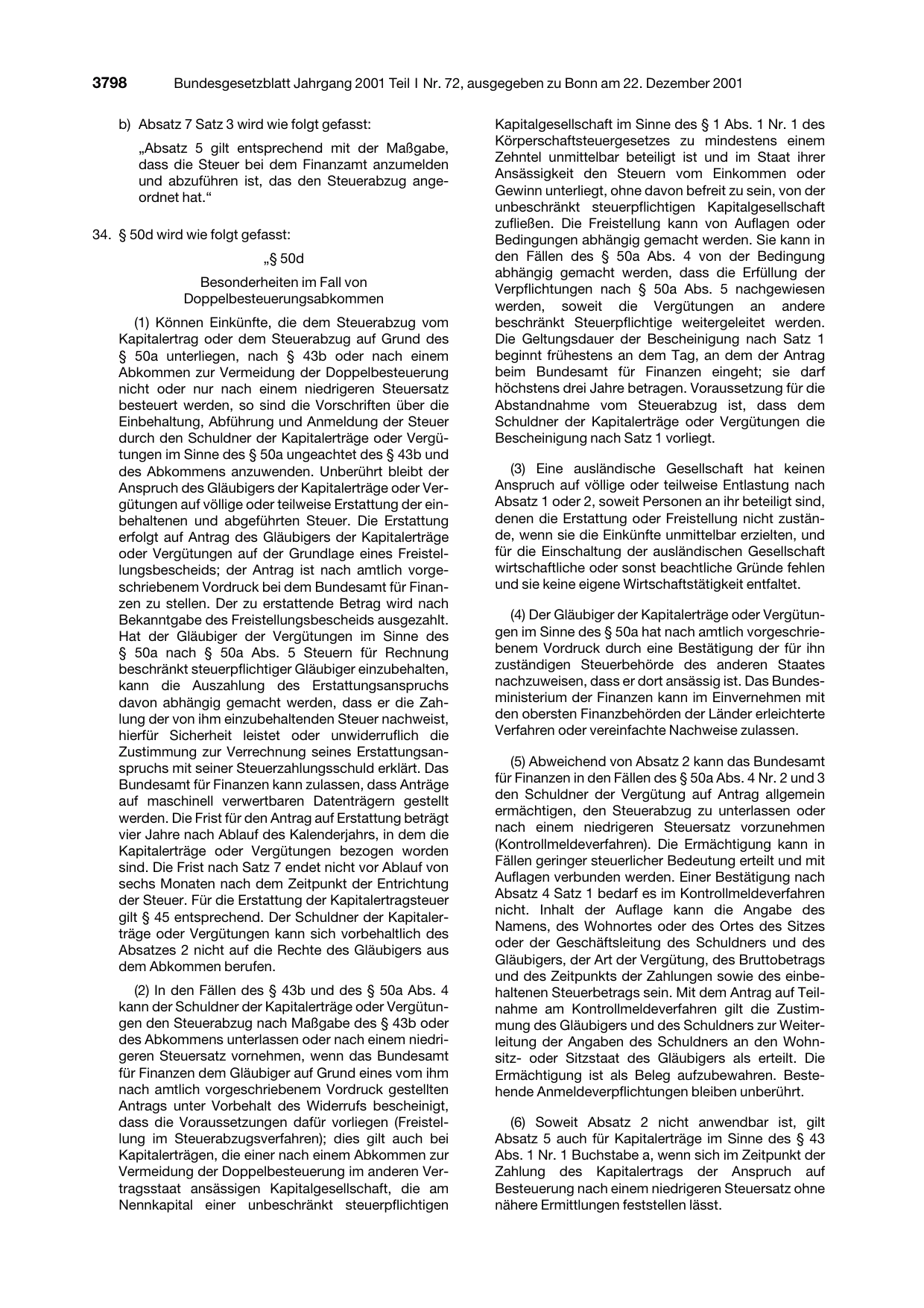 BGBl. 2001, Seite 3798 — Originalseite als Abbildung