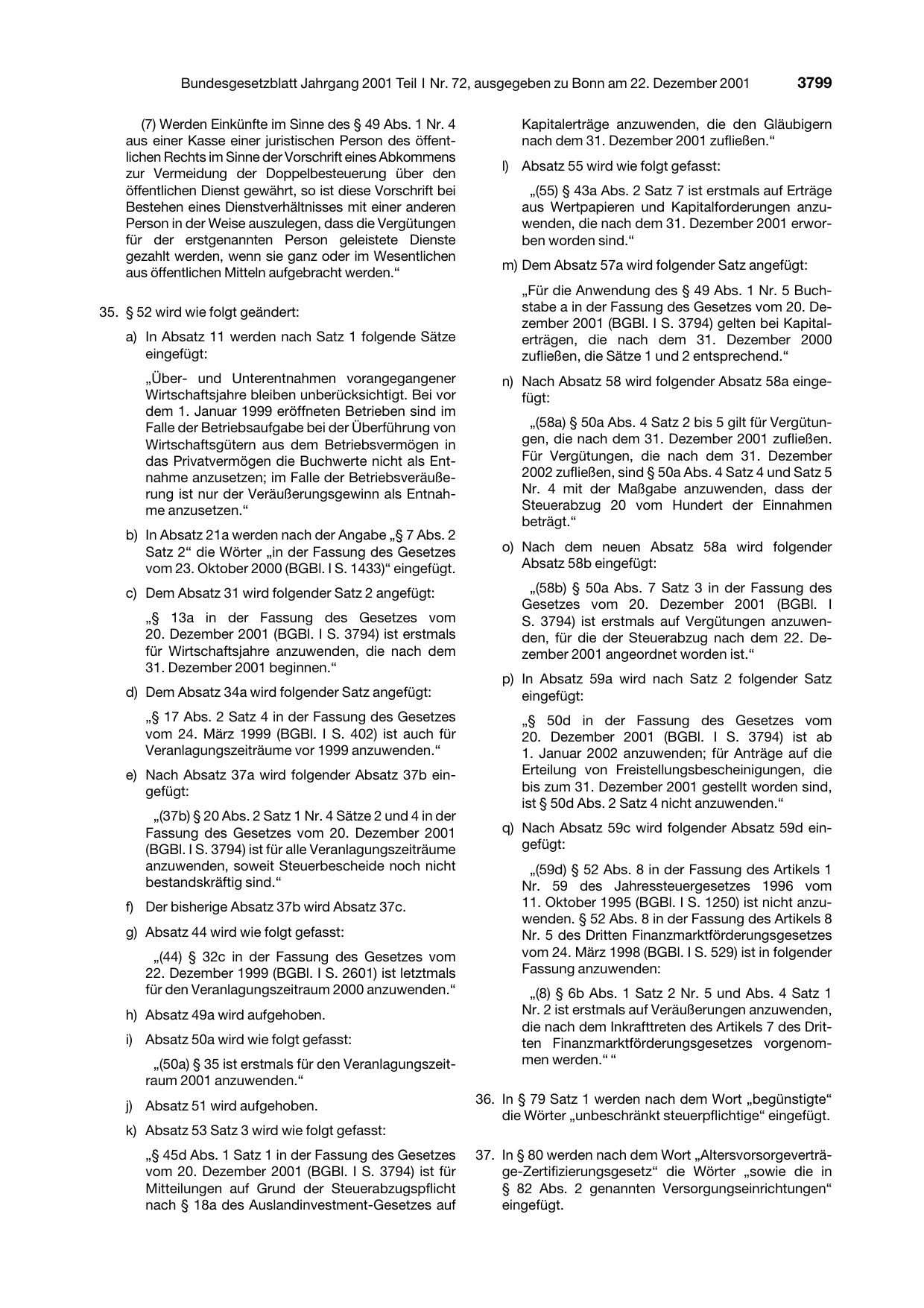 BGBl. 2001, Seite 3799 — Originalseite als Abbildung