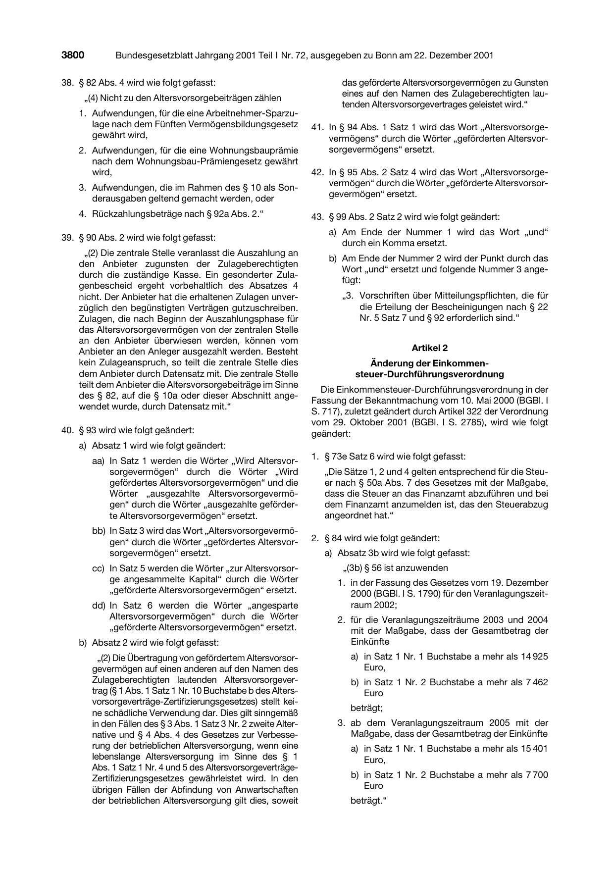 BGBl. 2001, Seite 3800 — Originalseite als Abbildung