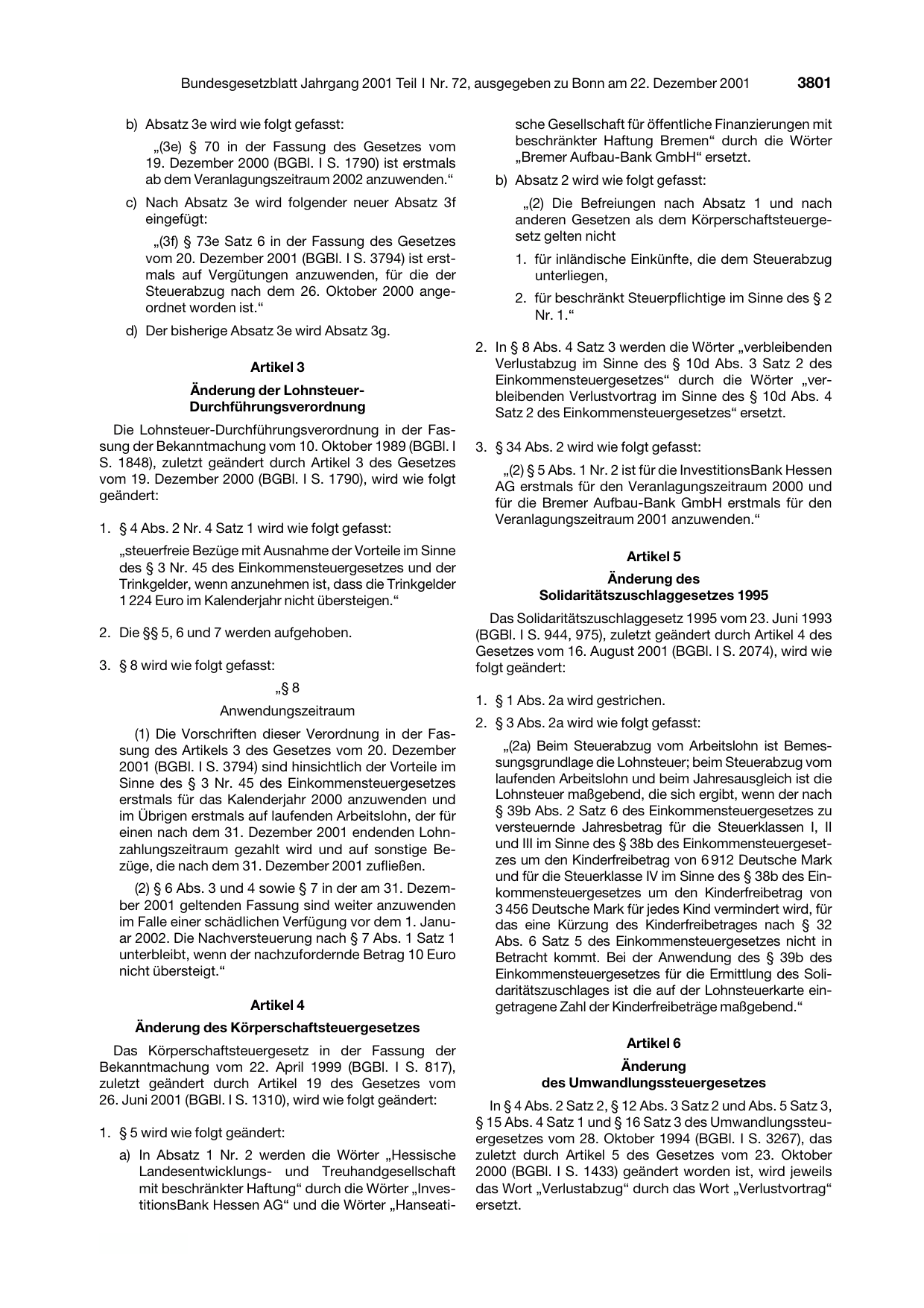 BGBl. 2001, Seite 3801 — Originalseite als Abbildung