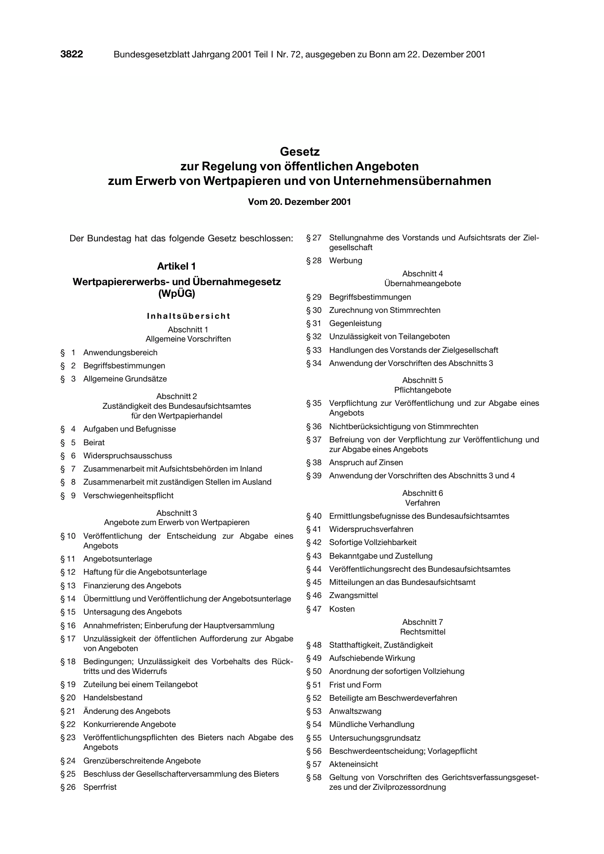 BGBl. 2001, Seite 3822 — Originalseite als Abbildung