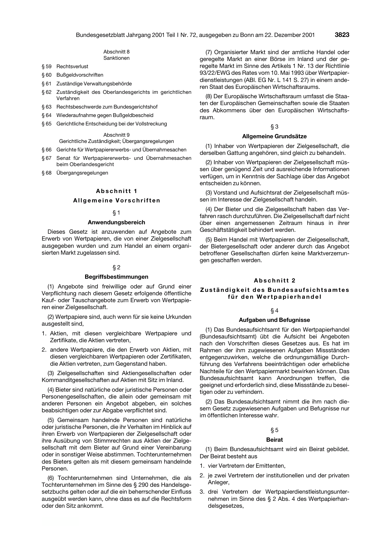 BGBl. 2001, Seite 3823 — Originalseite als Abbildung