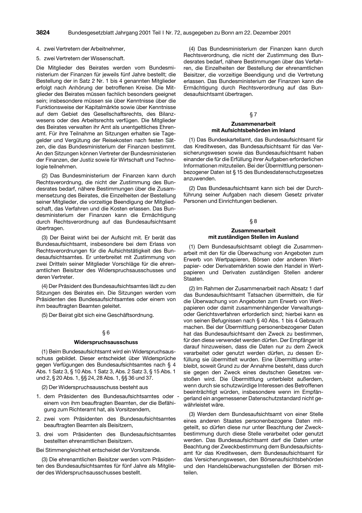 BGBl. 2001, Seite 3824 — Originalseite als Abbildung