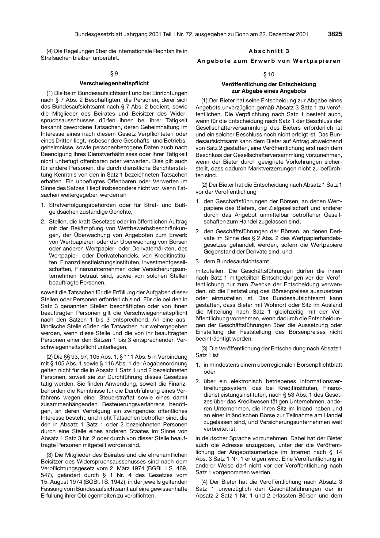BGBl. 2001, Seite 3825 — Originalseite als Abbildung