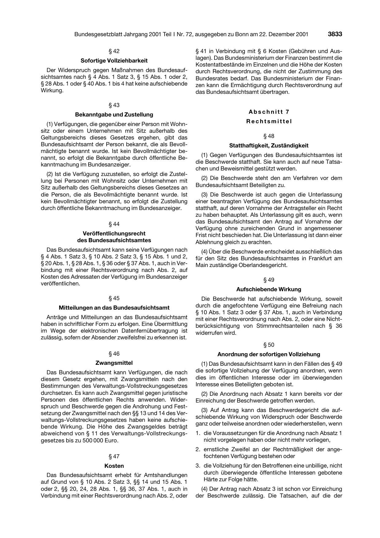 BGBl. 2001, Seite 3833 — Originalseite als Abbildung