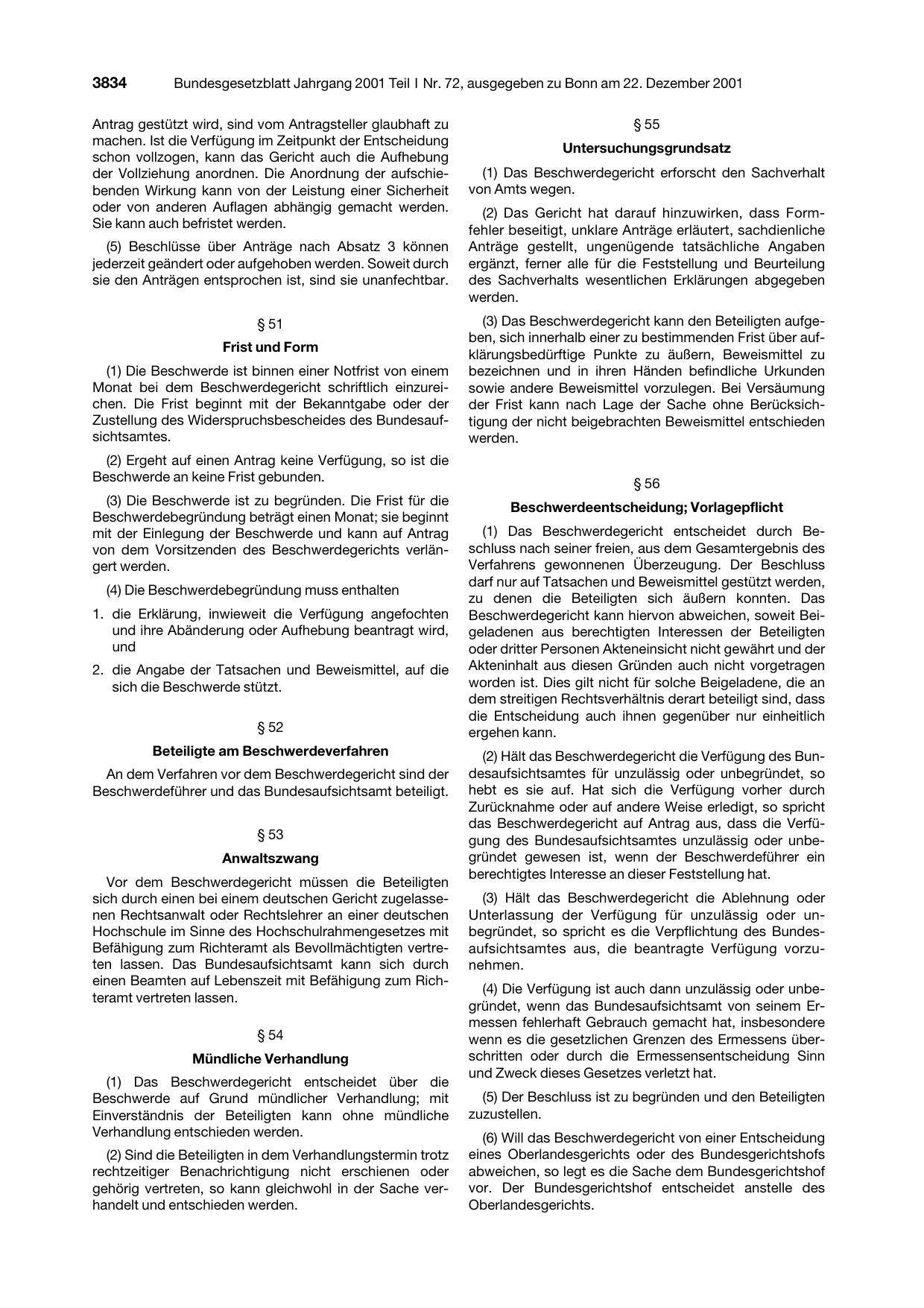 BGBl. 2001, Seite 3834 — Originalseite als Abbildung
