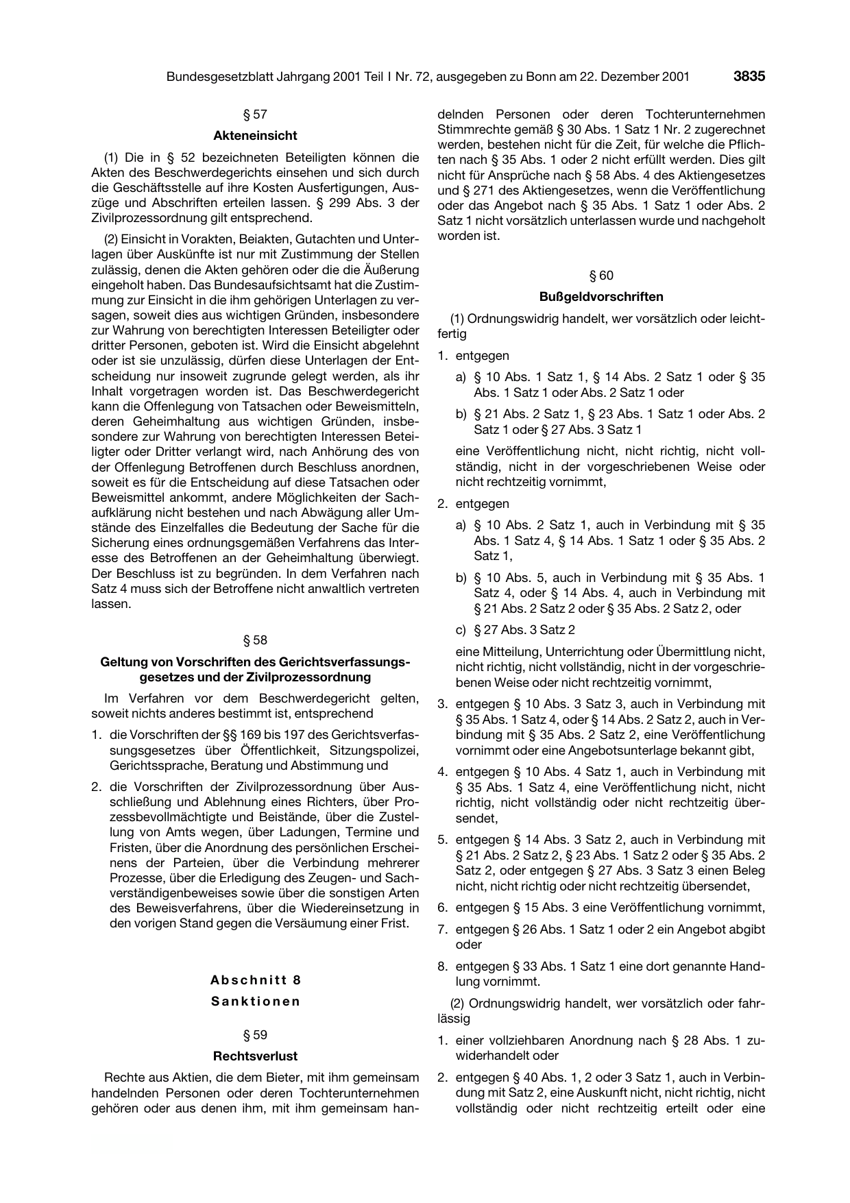 BGBl. 2001, Seite 3835 — Originalseite als Abbildung