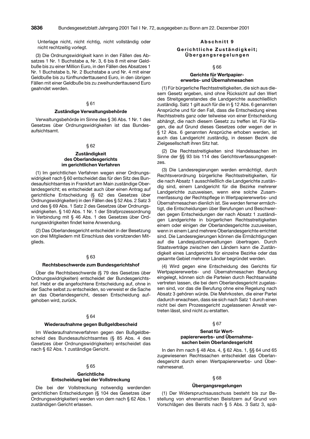 BGBl. 2001, Seite 3836 — Originalseite als Abbildung