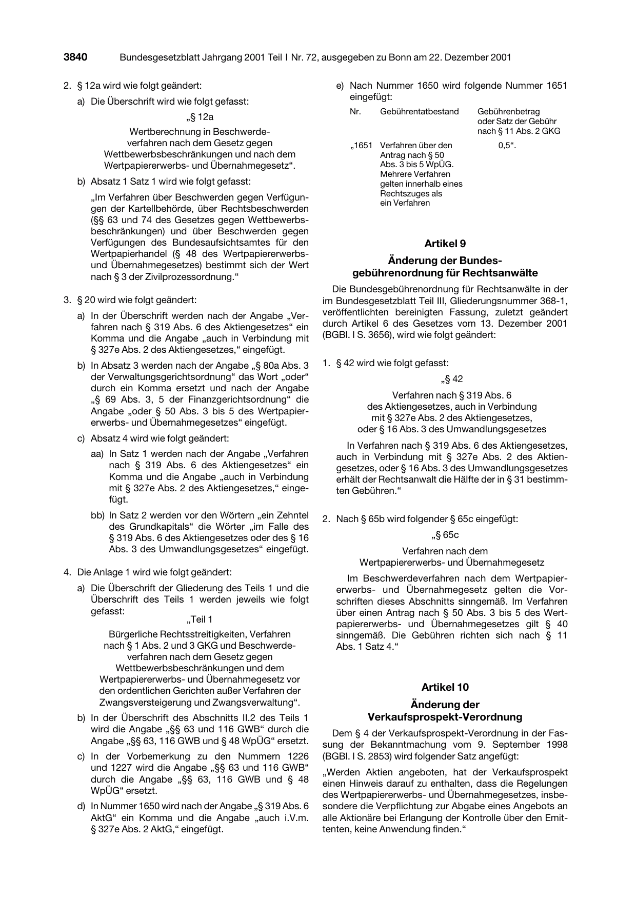 BGBl. 2001, Seite 3840 — Originalseite als Abbildung