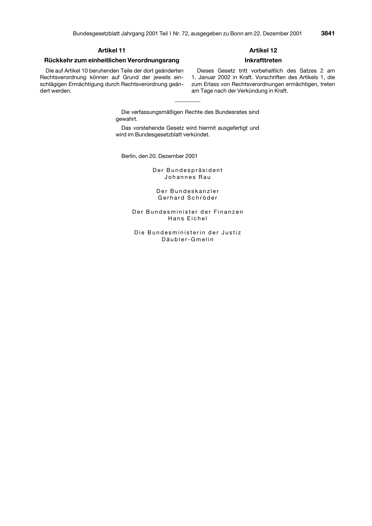 BGBl. 2001, Seite 3841 — Originalseite als Abbildung