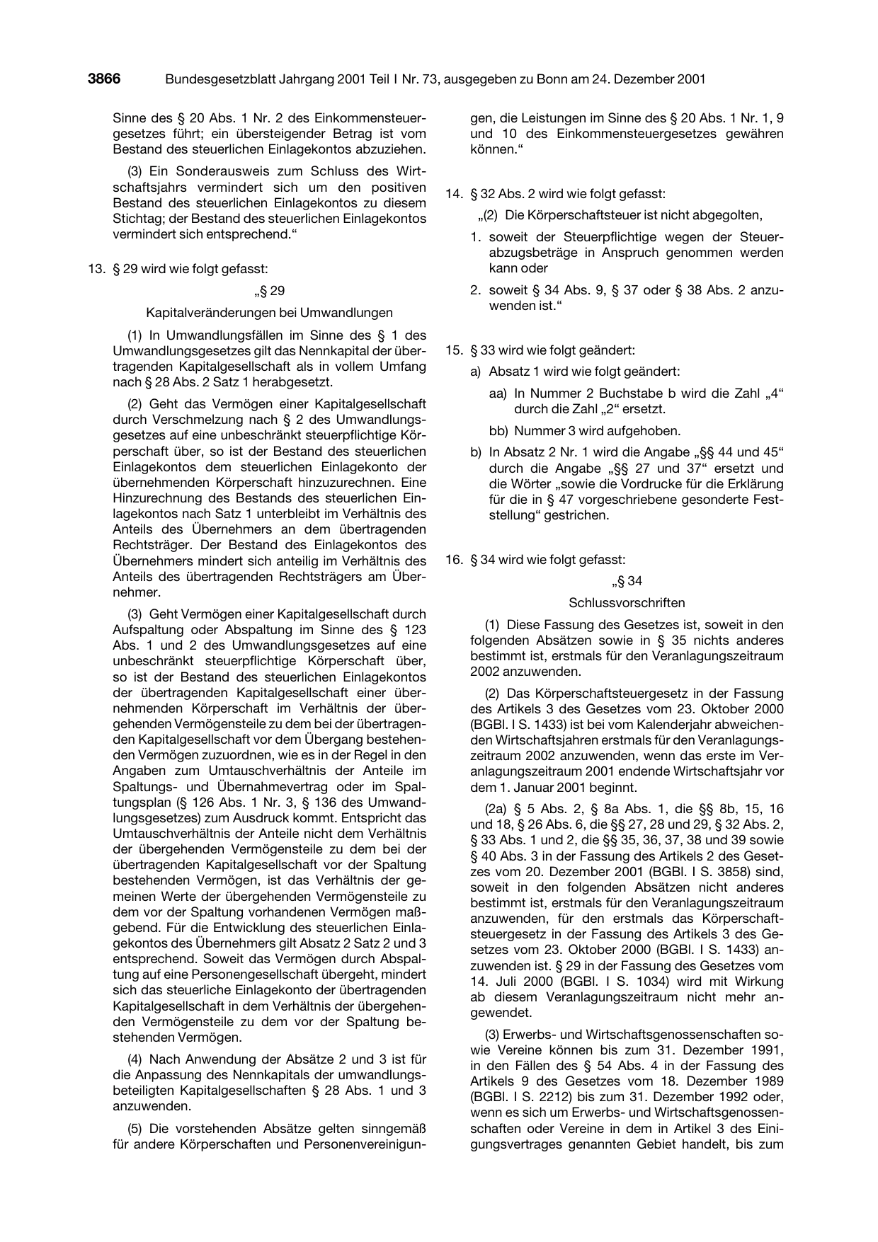 BGBl. 2001, Seite 3866 — Originalseite als Abbildung
