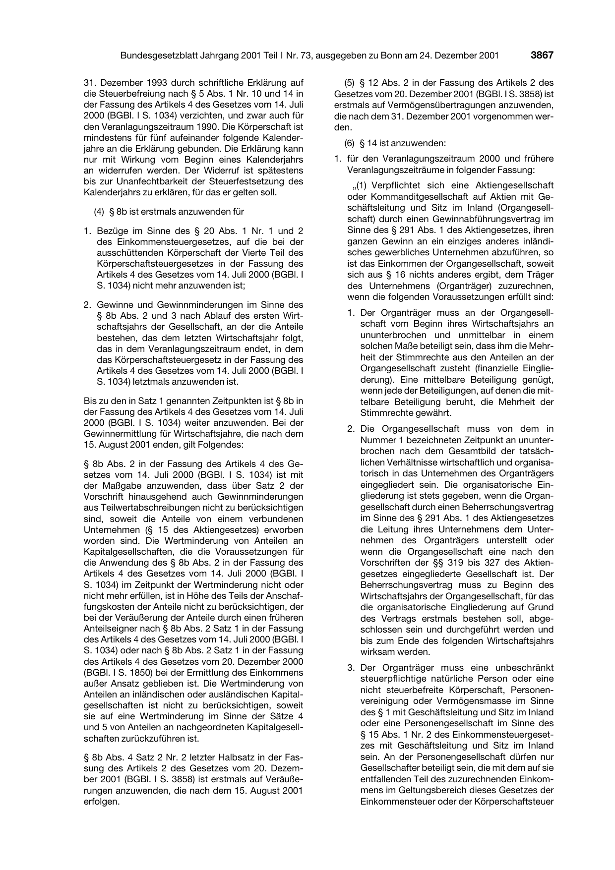 BGBl. 2001, Seite 3867 — Originalseite als Abbildung