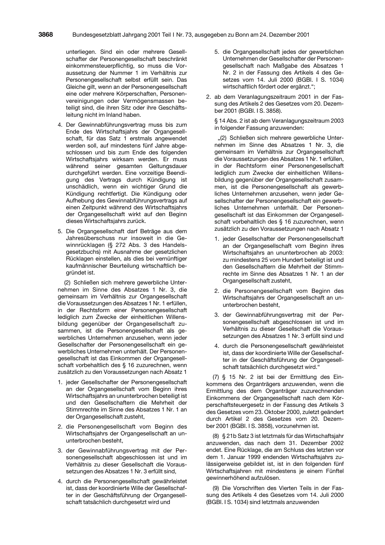 BGBl. 2001, Seite 3868 — Originalseite als Abbildung