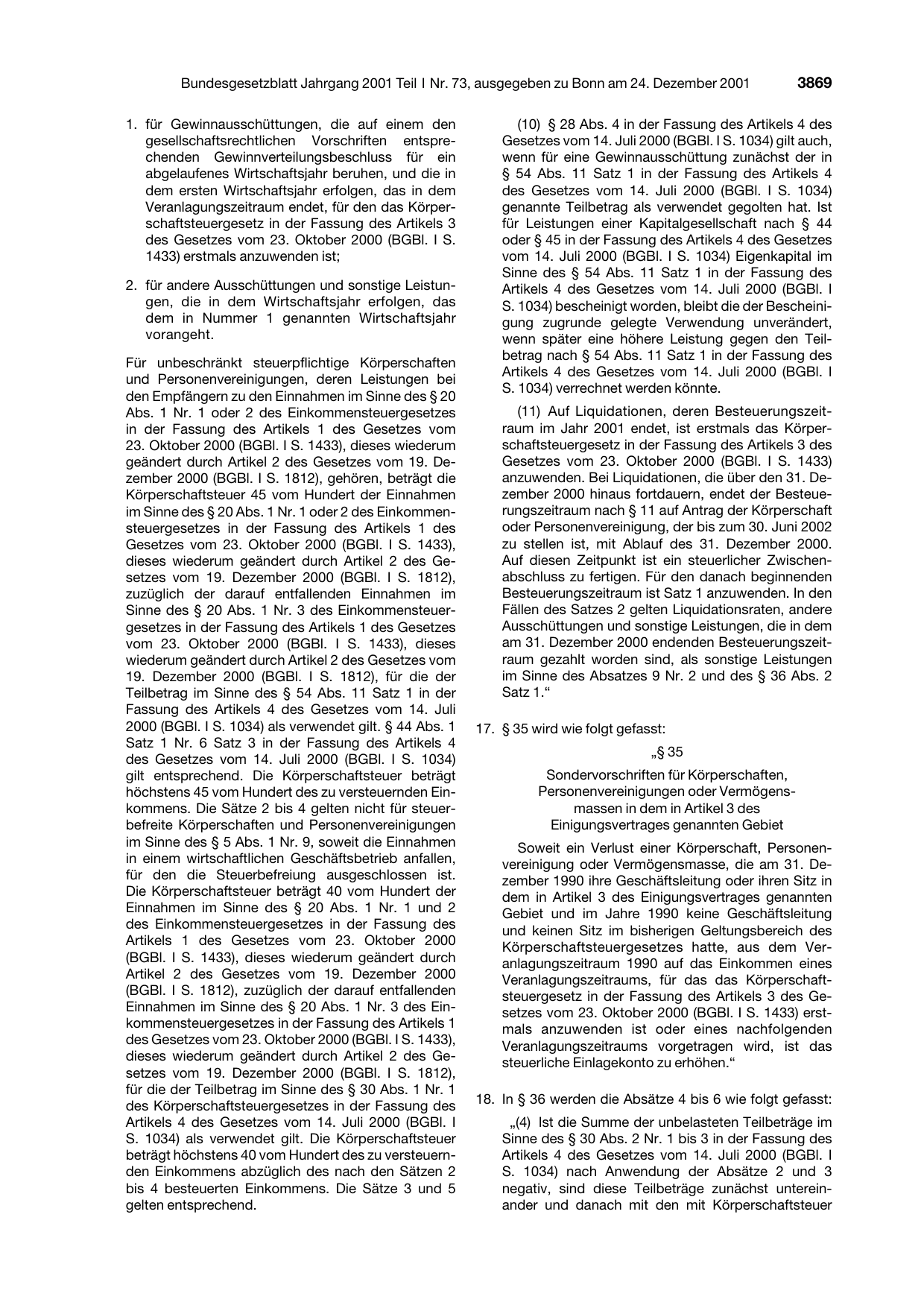 BGBl. 2001, Seite 3869 — Originalseite als Abbildung