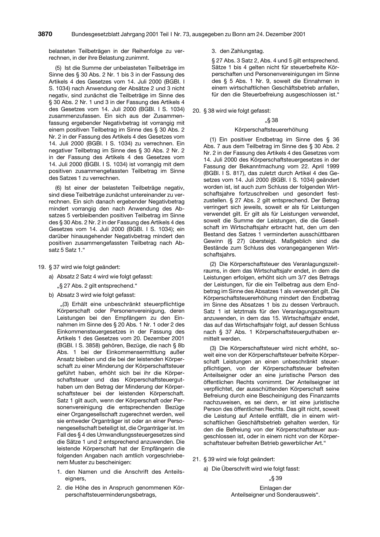 BGBl. 2001, Seite 3870 — Originalseite als Abbildung