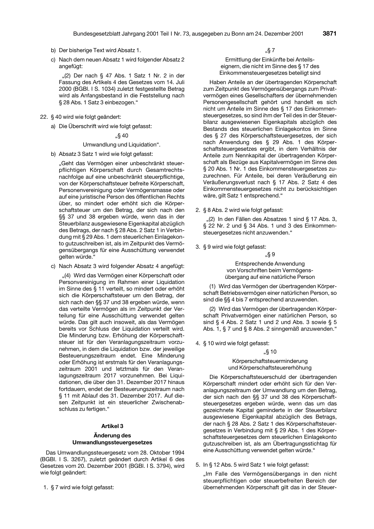 BGBl. 2001, Seite 3871 — Originalseite als Abbildung
