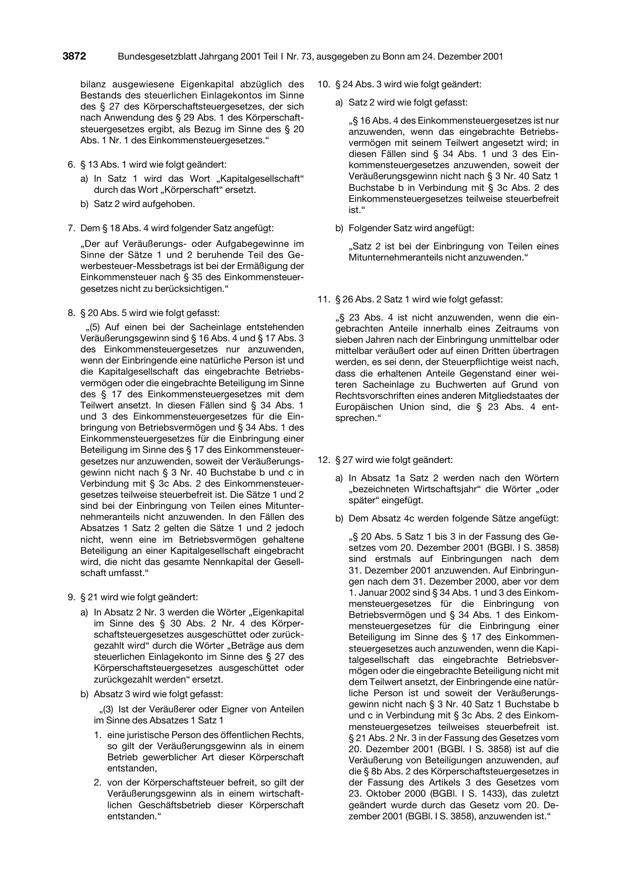 BGBl. 2001, Seite 3872 — Originalseite als Abbildung