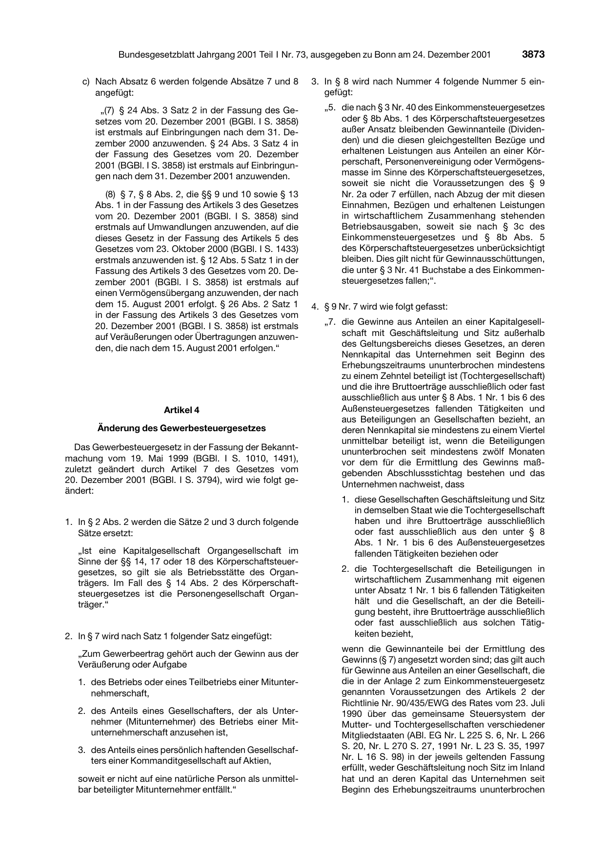 BGBl. 2001, Seite 3873 — Originalseite als Abbildung
