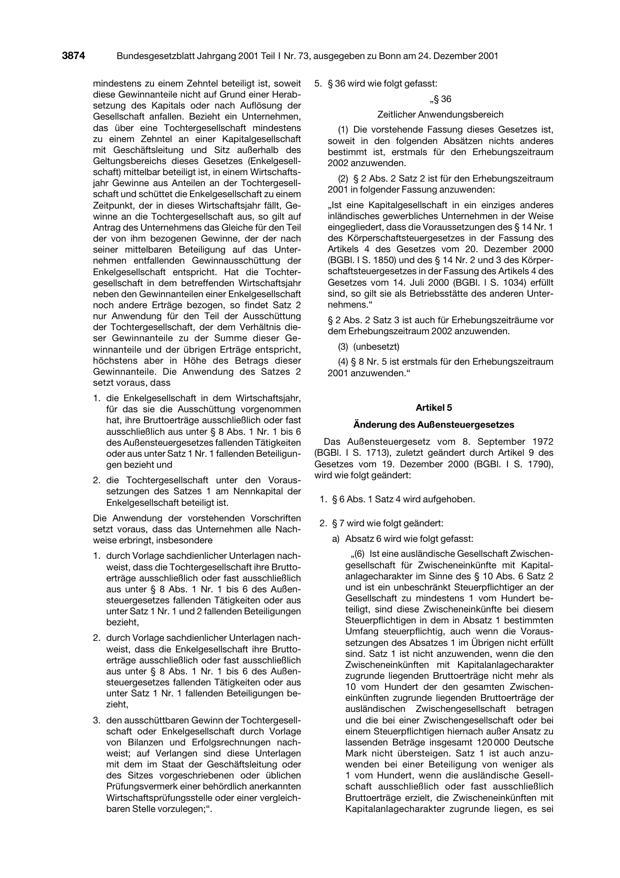 BGBl. 2001, Seite 3874 — Originalseite als Abbildung