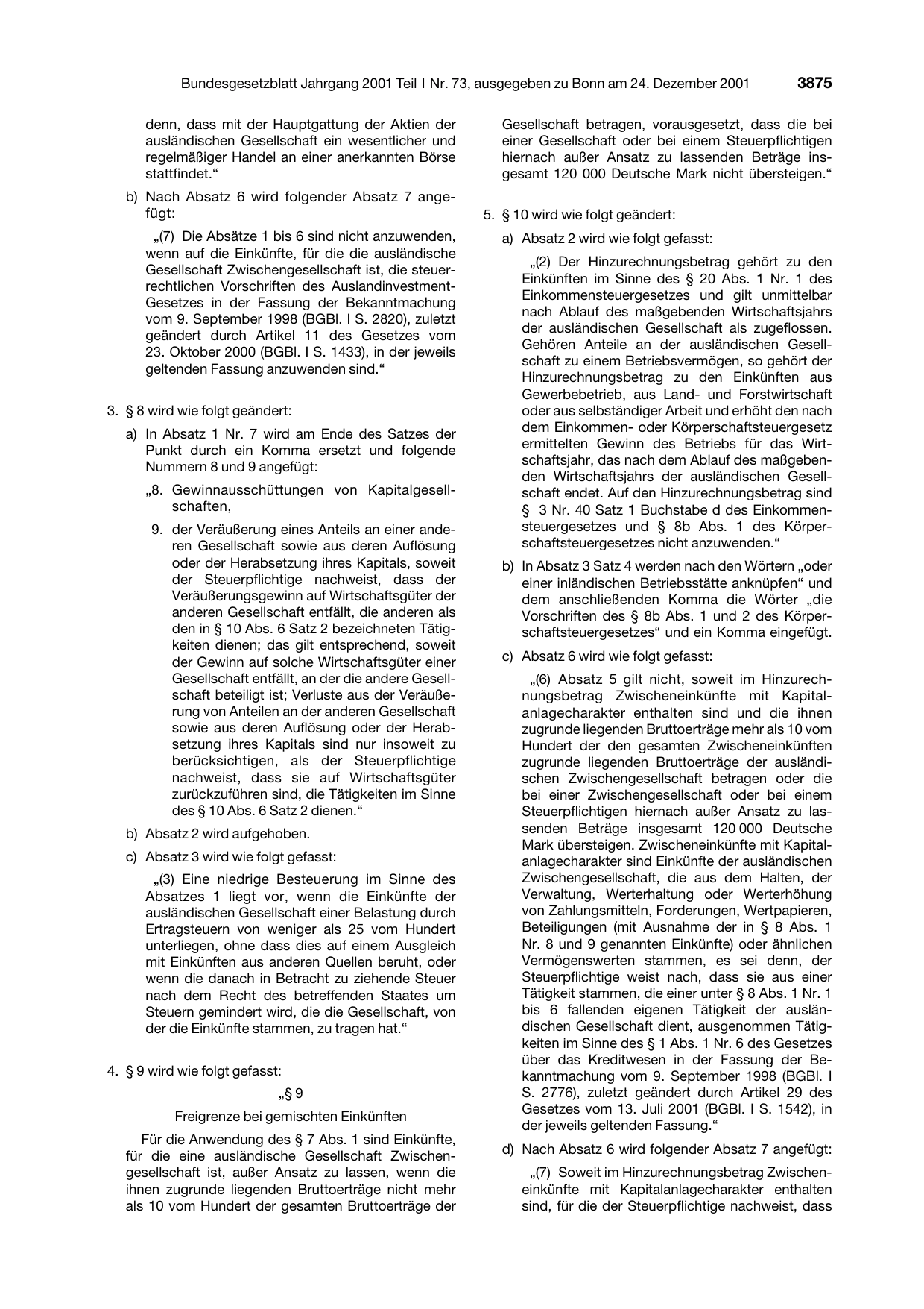 BGBl. 2001, Seite 3875 — Originalseite als Abbildung