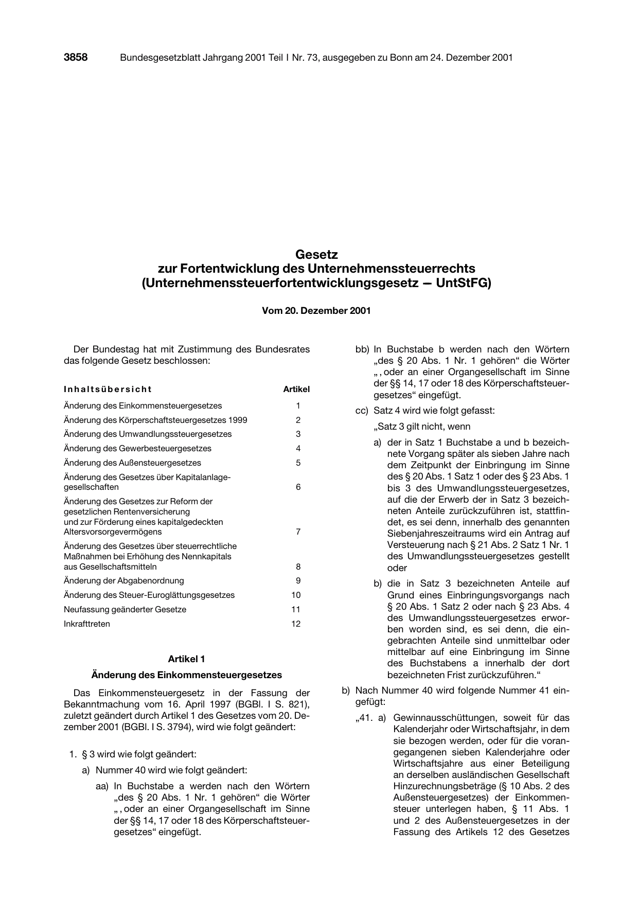 BGBl. 2001, Seite 3858 — Originalseite als Abbildung
