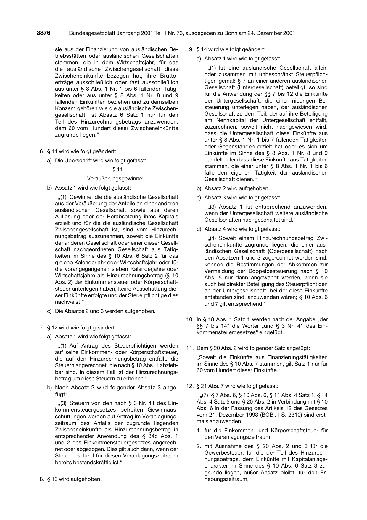BGBl. 2001, Seite 3876 — Originalseite als Abbildung