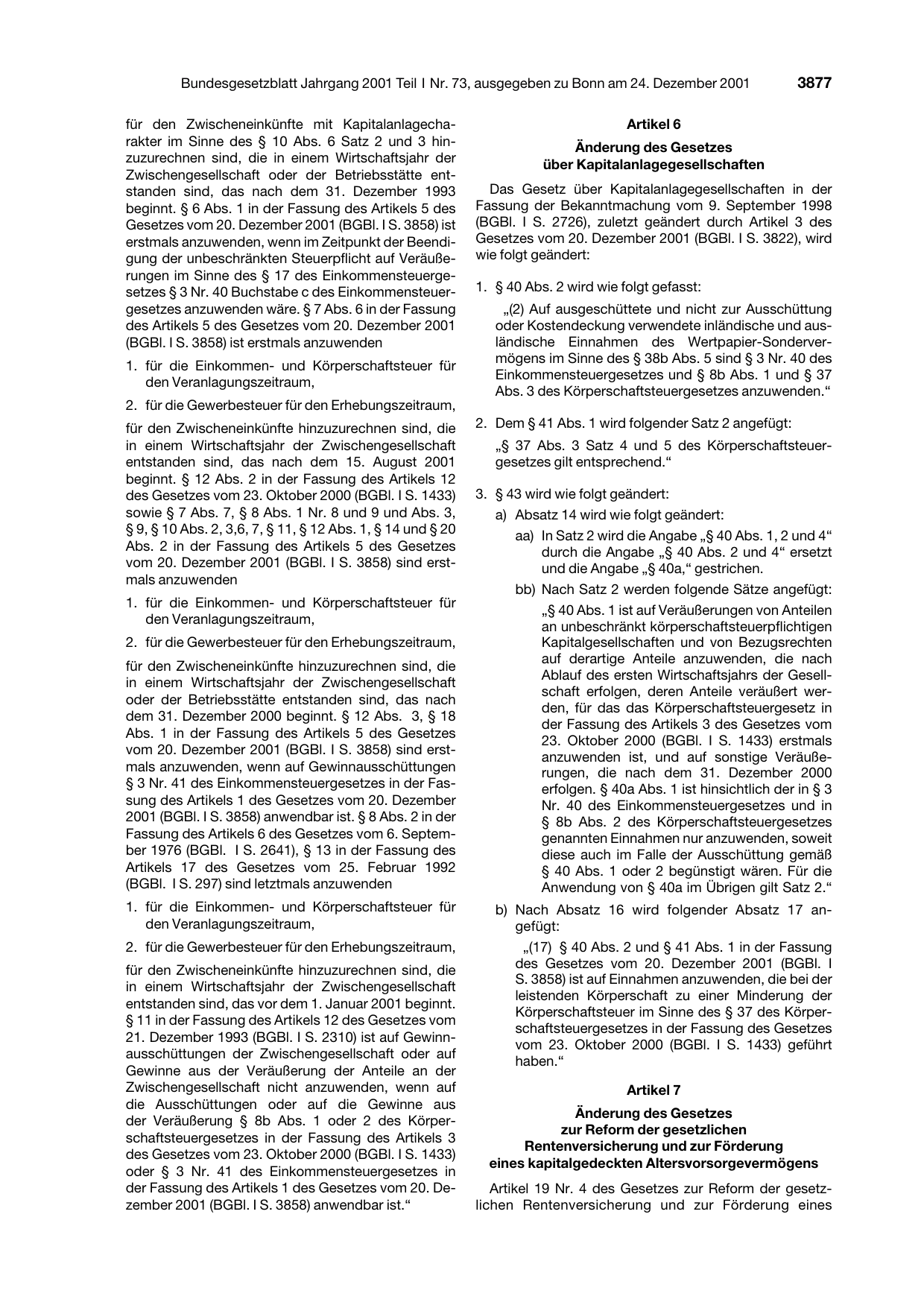 BGBl. 2001, Seite 3877 — Originalseite als Abbildung