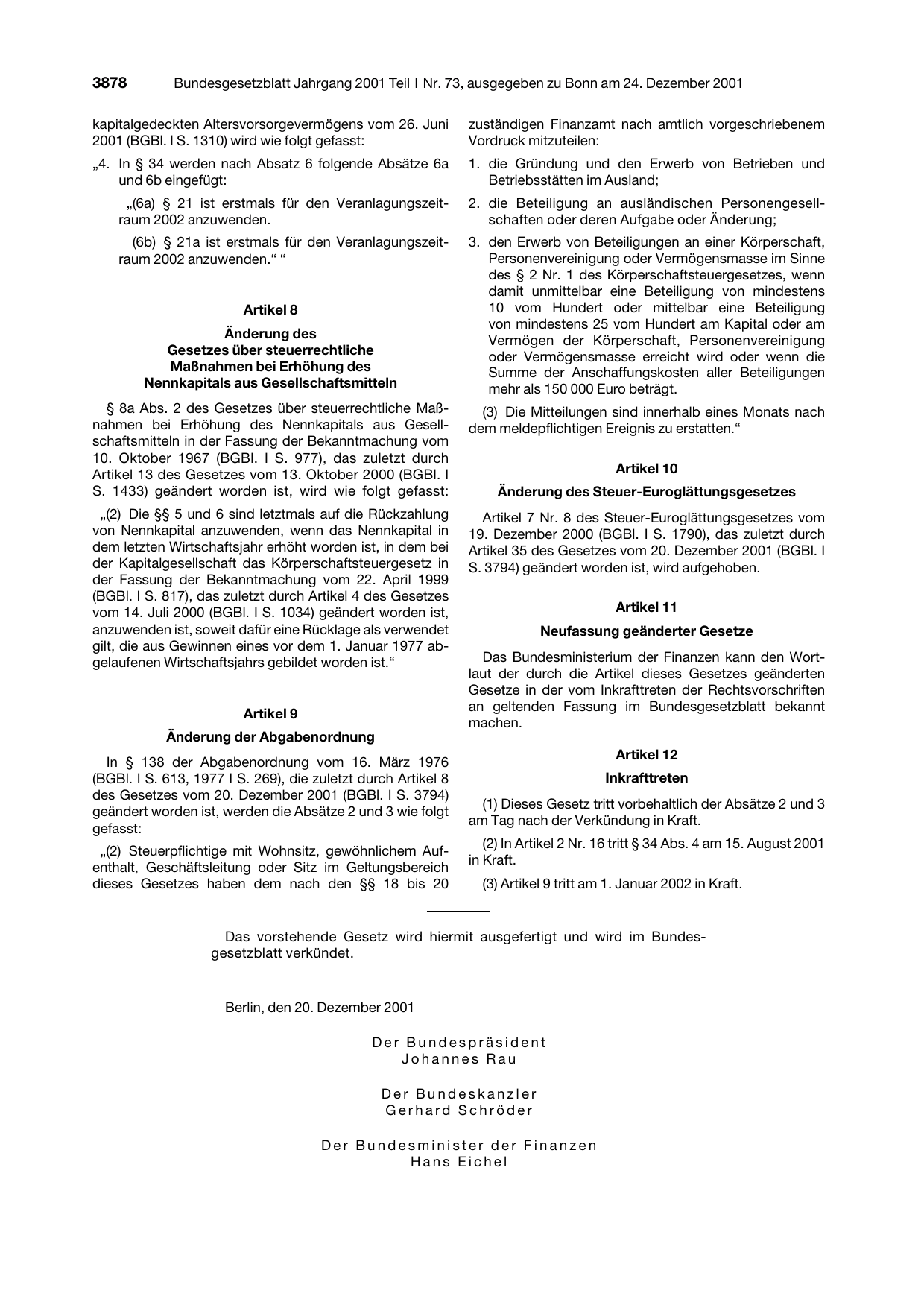 BGBl. 2001, Seite 3878 — Originalseite als Abbildung