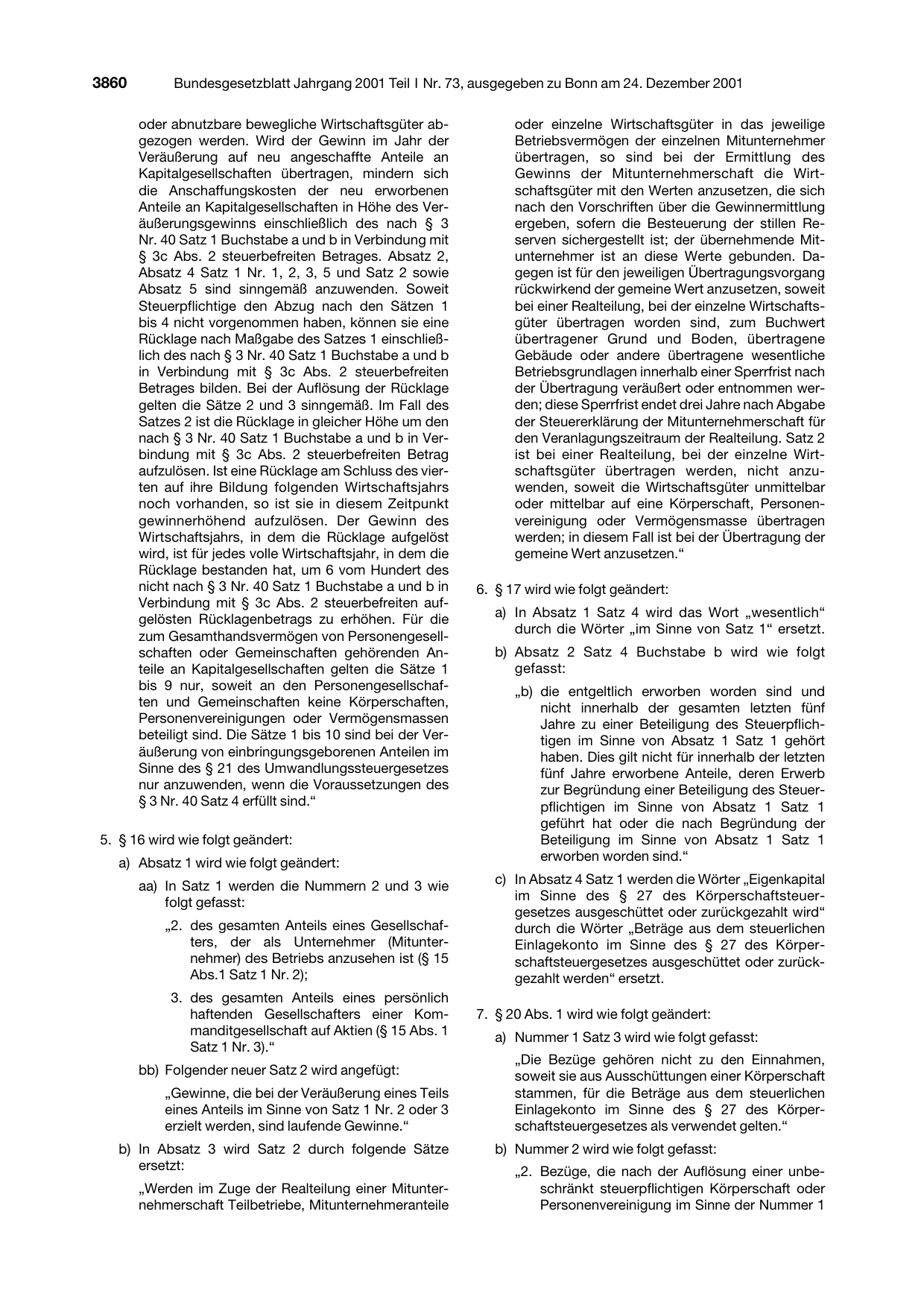 BGBl. 2001, Seite 3860 — Originalseite als Abbildung