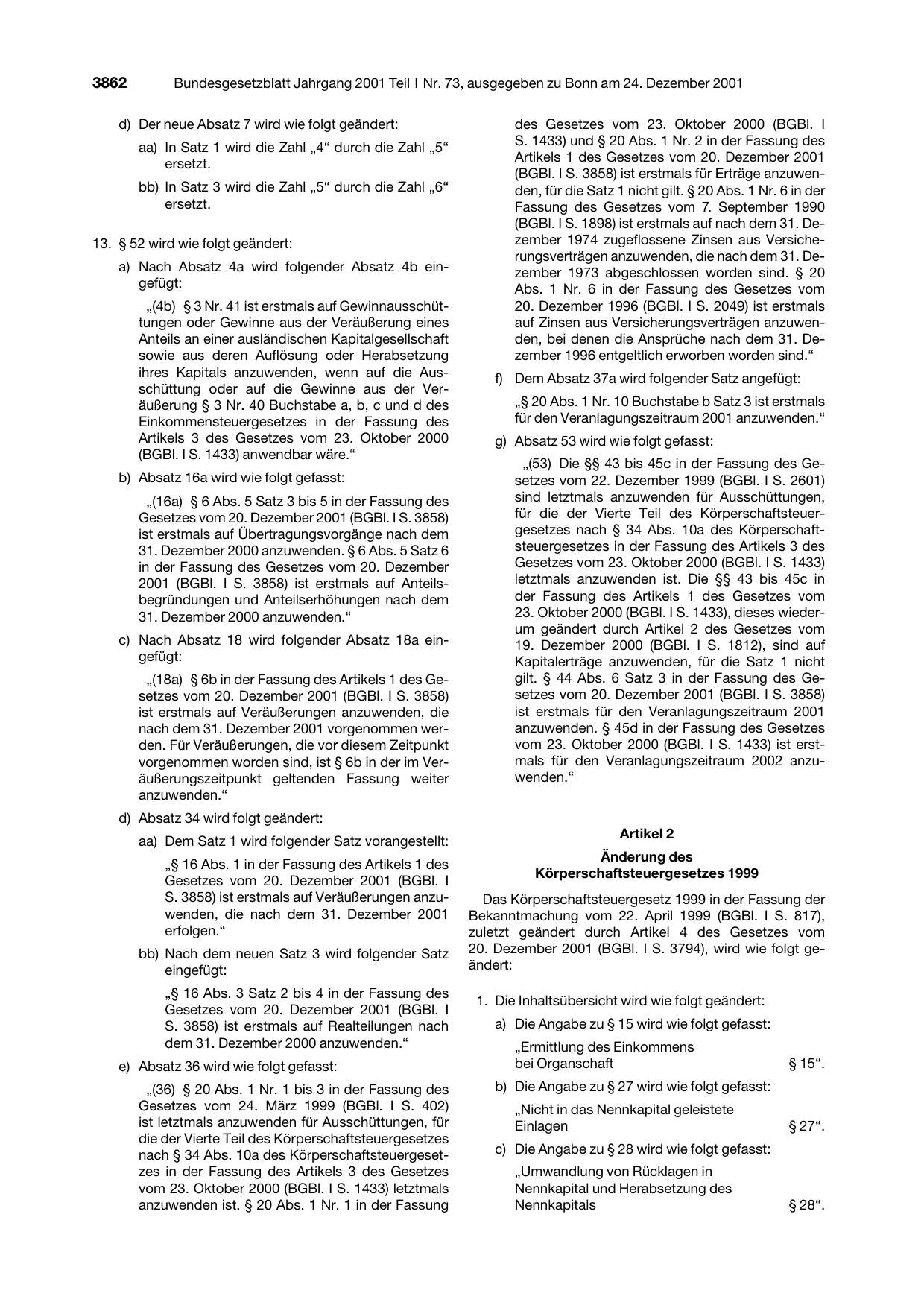 BGBl. 2001, Seite 3862 — Originalseite als Abbildung