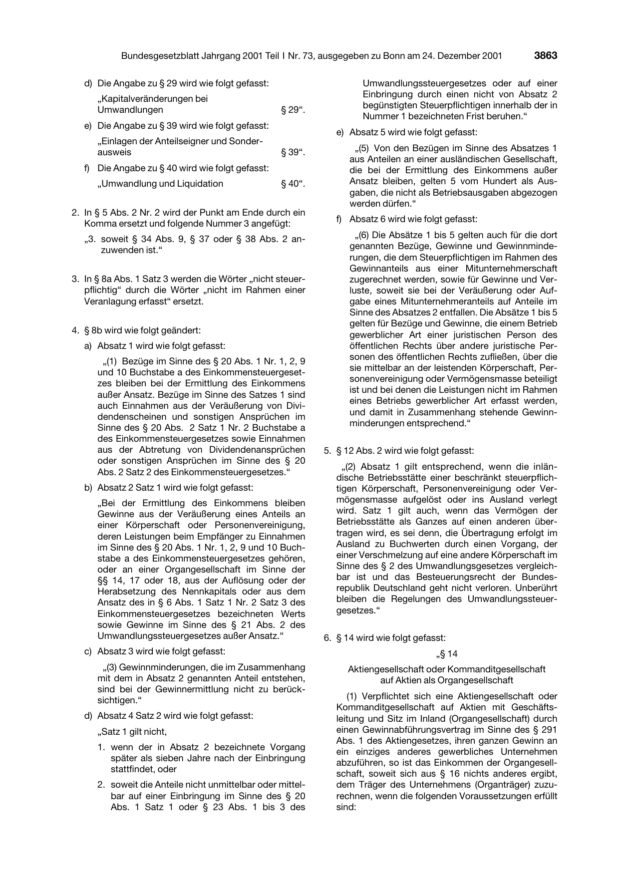 BGBl. 2001, Seite 3863 — Originalseite als Abbildung