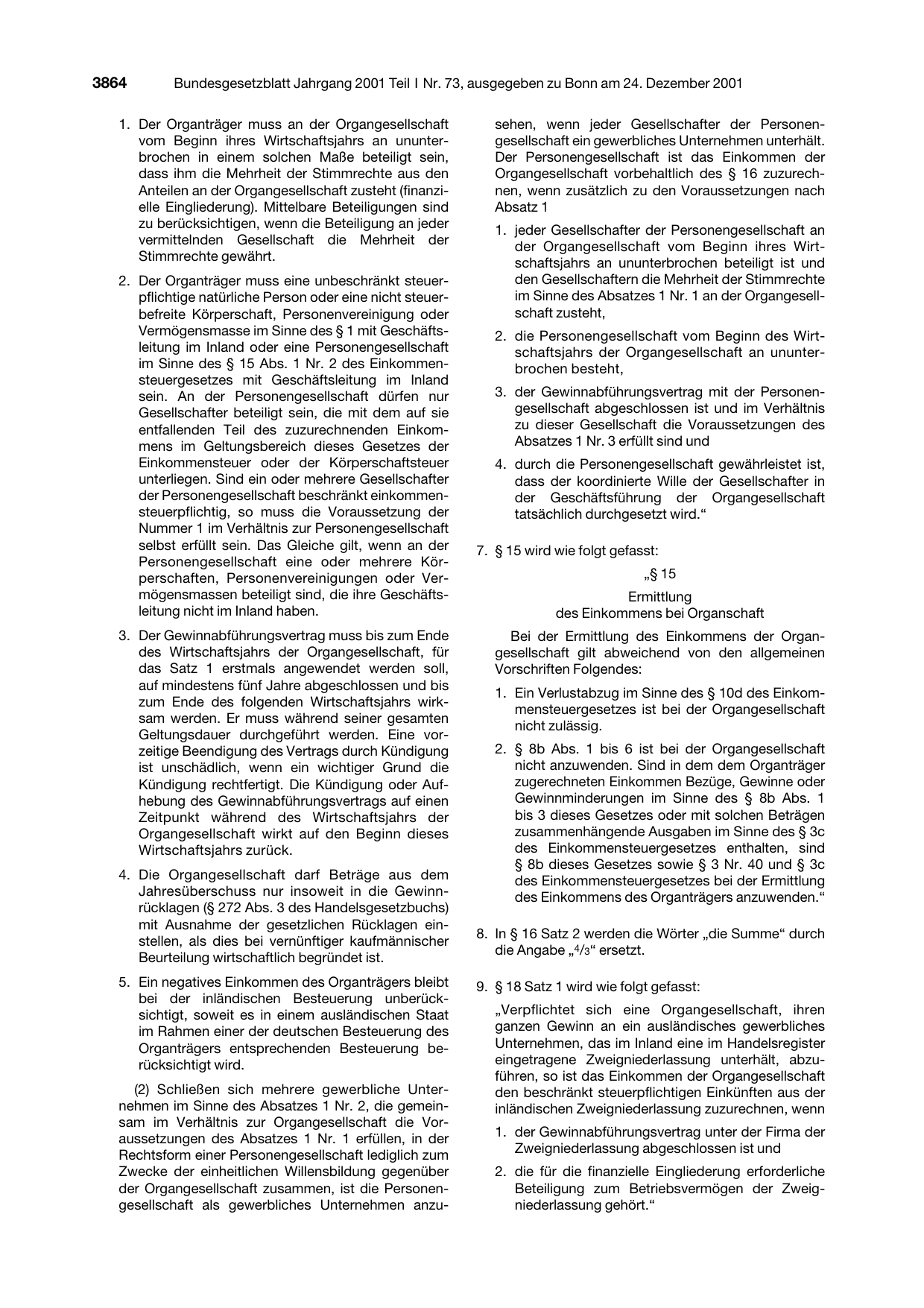 BGBl. 2001, Seite 3864 — Originalseite als Abbildung