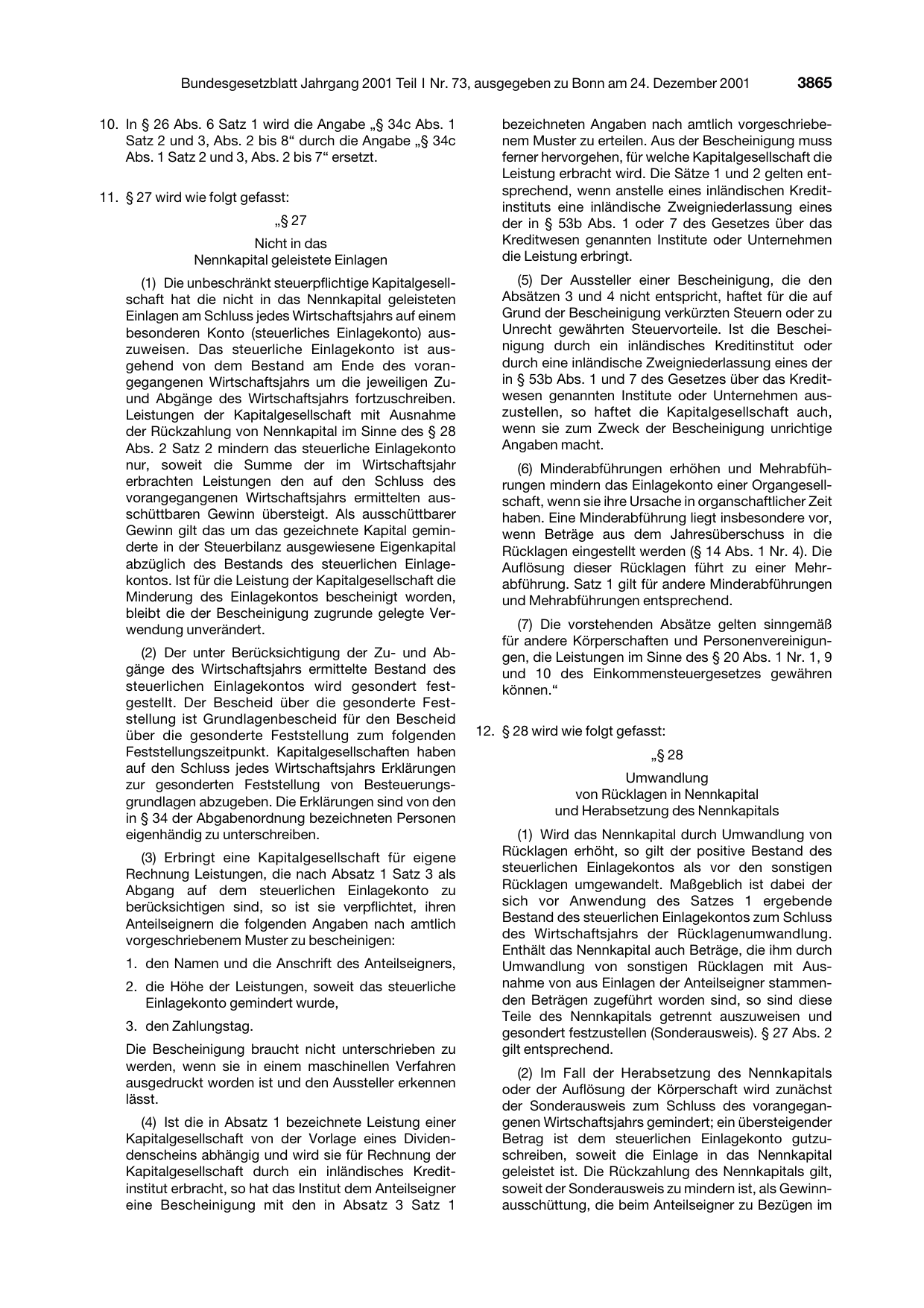 BGBl. 2001, Seite 3865 — Originalseite als Abbildung