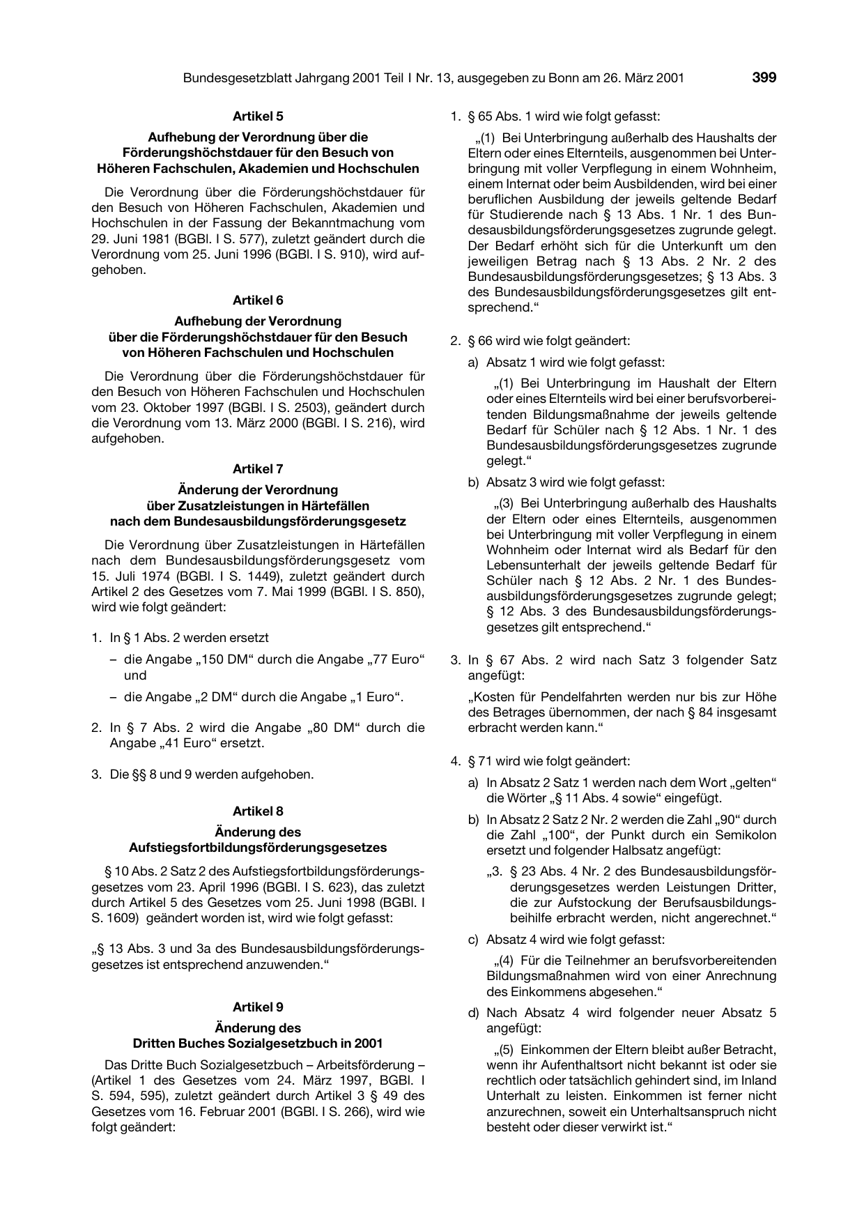BGBl. 2001, Seite 399 — Originalseite als Abbildung