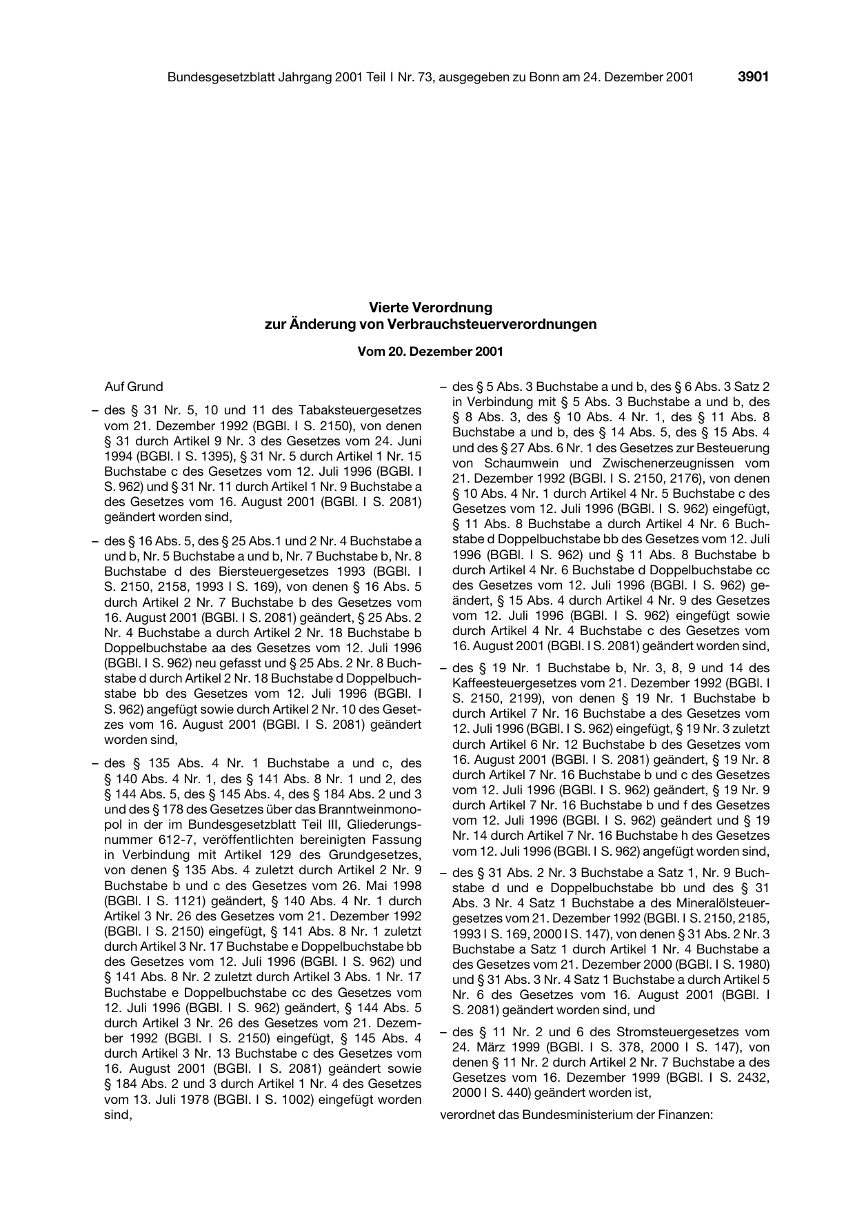 BGBl. 2001, Seite 3901 — Originalseite als Abbildung