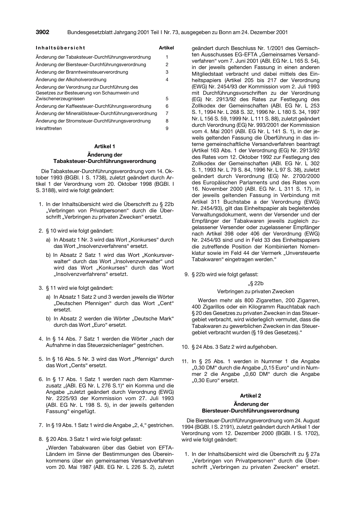 BGBl. 2001, Seite 3902 — Originalseite als Abbildung